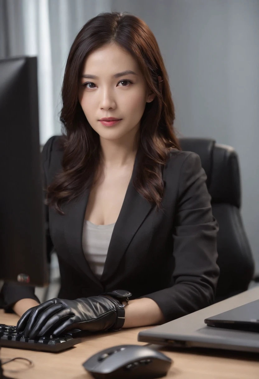 Wearing black leather gloves in both hands, upper body, black business suit, facing the desk in my room with a computer in the dark, tapping the keys of the computer keyboard with the fingertips of black leather gloves while looking at the screen, black hair bundled in the back for a long time, Japanese female new employee (black leather gloves cover both hands) (angle is in the front)