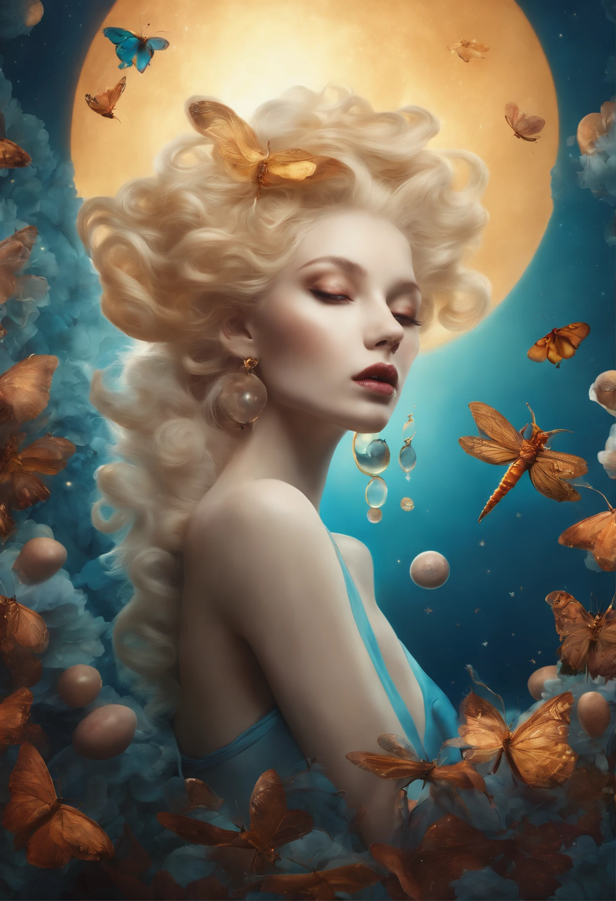 colorpop style, photo photo portrait of the sun surrounded by orbiting planetary moons, blonde pointy hair, natalie shau, mark ryden, alberto seveso, brooke shaden, anna dittmann, flora borsi, 8k resolution, perfect composition, milky way, rainbow color, flying insects, scales, wings, blue, texture, complex, gorgeous, shadow, pastel colors, 3d, Highly detailed, decorated in style, Tim Burton, Dale Chihuly, Xiaolongcheng, Cyril Rolando, by J. Gigue