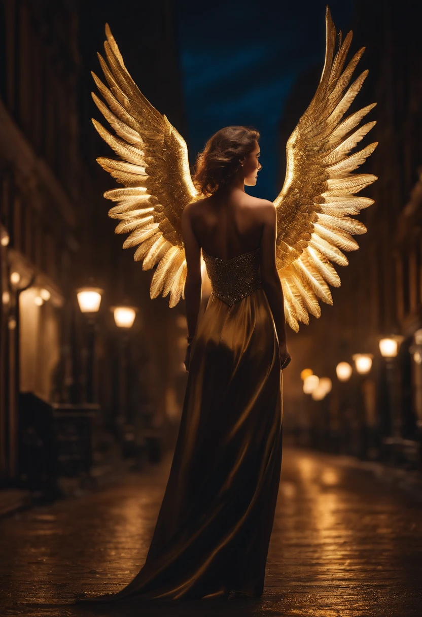 The image depicts an angelic woman wandering over the city at night. The lights of the city create an atmosphere of gold and drama, And its delicate presence and dark wings contrast with the urban environment. The woman seemed to be protective and vigilant.