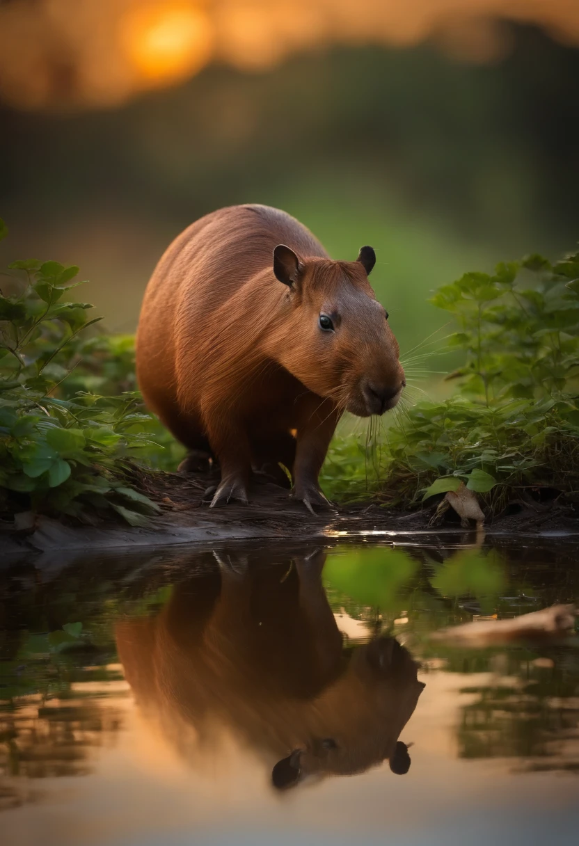 imagem realista de uma capivara afogando-se numa floresta densa e desfocada ao entardecer, Uma cobra a salvado de morrer afogada