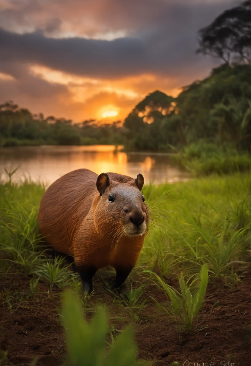 imagem realista de uma capivara afogando-se numa floresta densa e desfocada ao entardecer, Uma cobra a salvado de morrer afogada