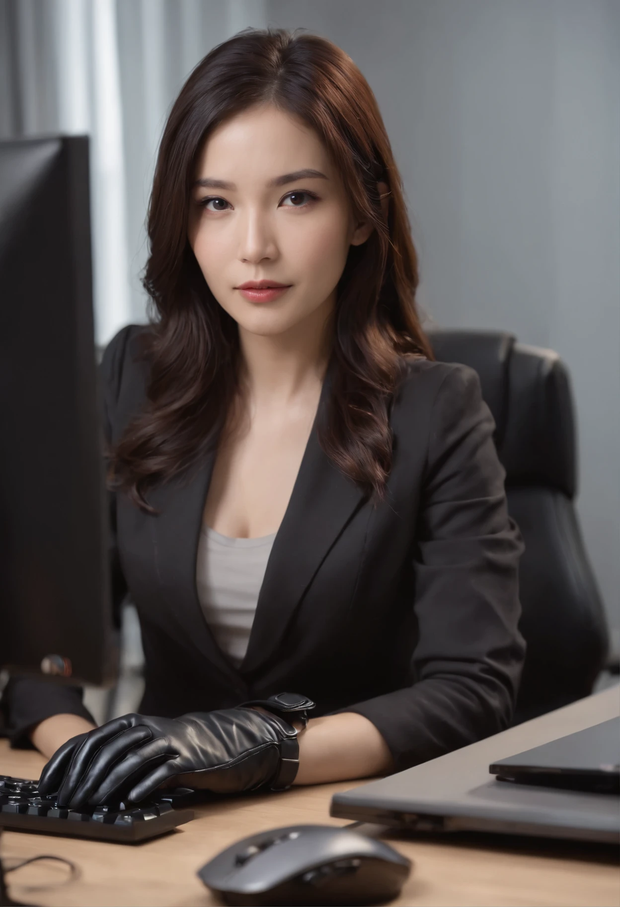 Wearing black leather gloves in both hands, upper body, black business suit, facing the desk in my room with a computer in the dark, tapping the keys of the computer keyboard with the fingertips of black leather gloves while looking at the screen, black hair bundled in the back for a long time, Japanese female new employee (black leather gloves cover both hands) (angle is in the front)