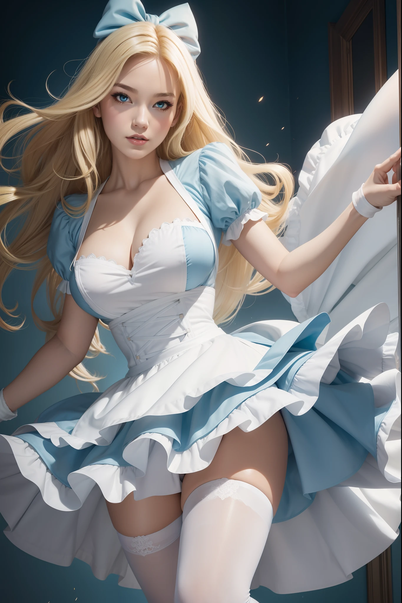 in the style of Artgerm and Adam Hughes, a sexy Alice in Wonderland with blonde hair, powder blue dress with white apron, white stockings, cleavage, dynamic, ultra high def, 32k,