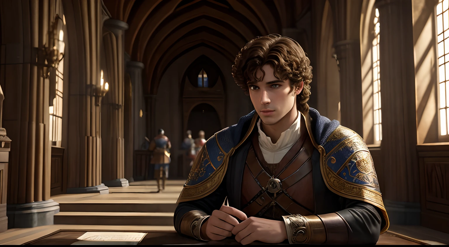 Prince Adrian, 24 years old, curly brown hair, with perfect eyes from the kingdom of Avalora, in the castle hall talking to his father, the 54-year-old king, film style, medieval style, sharp focus, hyperrealism, detailed painting, character design, conceptual art, painting matte, blade runner with 4k resolution
