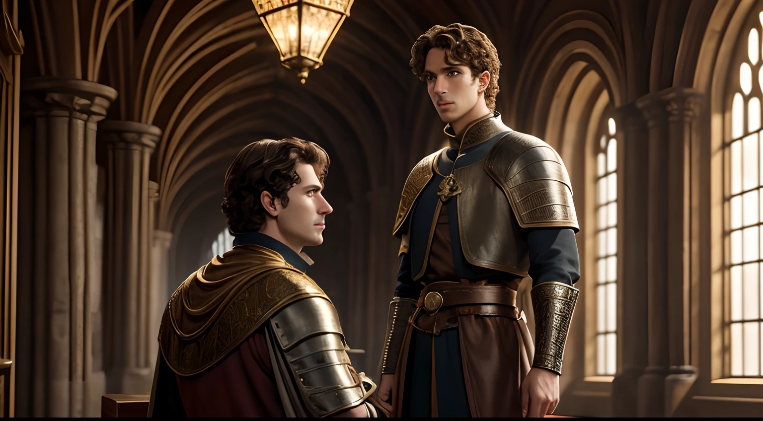 Prince Adrian, 24 years old, curly brown hair, with perfect eyes from the kingdom of Avalora, in the castle hall talking to his father, the 54-year-old king, film style, medieval style, sharp focus, hyperrealism, detailed painting, character design, conceptual art, painting matte, blade runner with 4k resolution