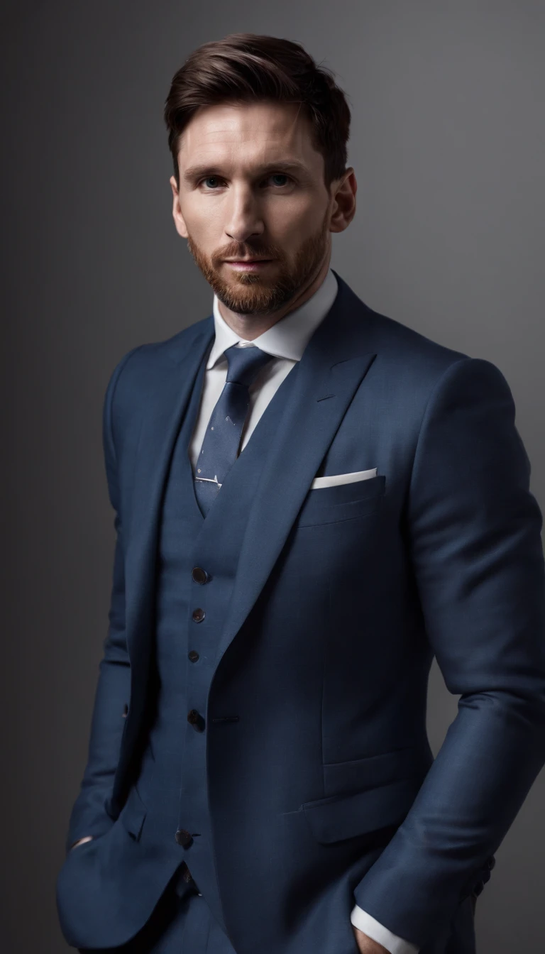 Lionel Messi wearing the Barman outfit,illustration,pinstripe suit,Barcelona FC jersey,exquisite details,ultra-high resolution,realistic colors and lighting,artistic portrait,confident expression,professional studio lighting,dribbling the ball with precision,striking footwork,graceful movement,focused gaze