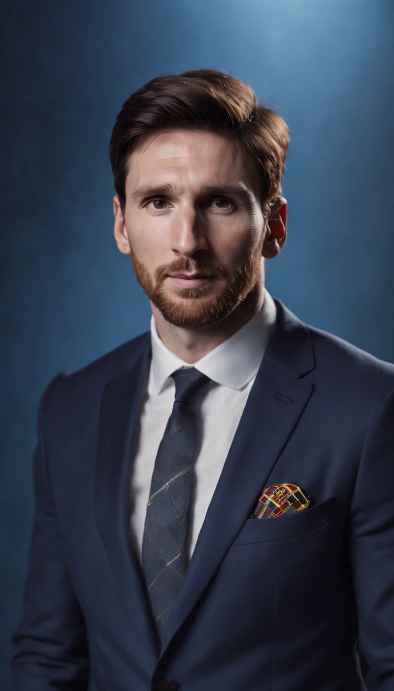 Lionel Messi wearing the Barman outfit,illustration,pinstripe suit,Barcelona FC jersey,exquisite details,ultra-high resolution,realistic colors and lighting,artistic portrait,confident expression,professional studio lighting,dribbling the ball with precision,striking footwork,graceful movement,focused gaze