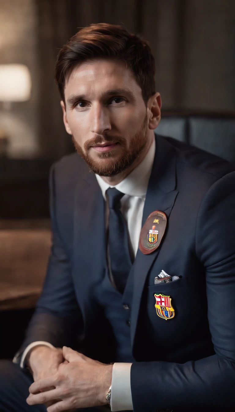 Lionel Messi wearing the Barman outfit,illustration,pinstripe suit,Barcelona FC jersey,exquisite details,ultra-high resolution,realistic colors and lighting,artistic portrait,confident expression,professional studio lighting,dribbling the ball with precision,striking footwork,graceful movement,focused gaze