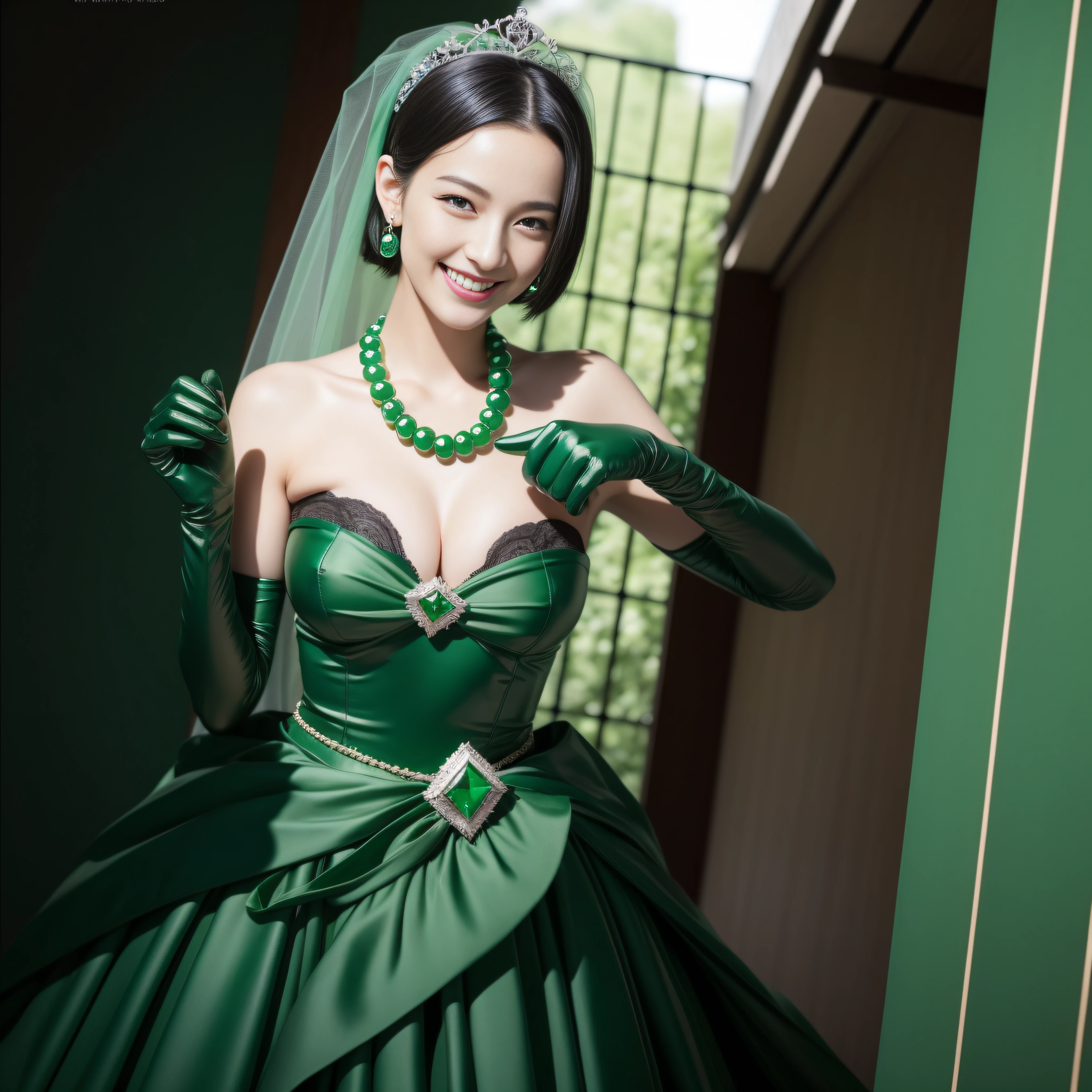 Boyish very short black hair, lipsticks, Japan woman smiling, Green Long Grove, Emerald Tia boyish very short black hair, lipsticks, Japan woman smiling, Satin green long gloves, Green Pearl Necklace, Long green gloves made of satin material, big breasts beautiful, Green Bridal Veil, Green eyes, Emerald Earrings,emerald tiara, Green eyes, verd s eyes, Green eyes