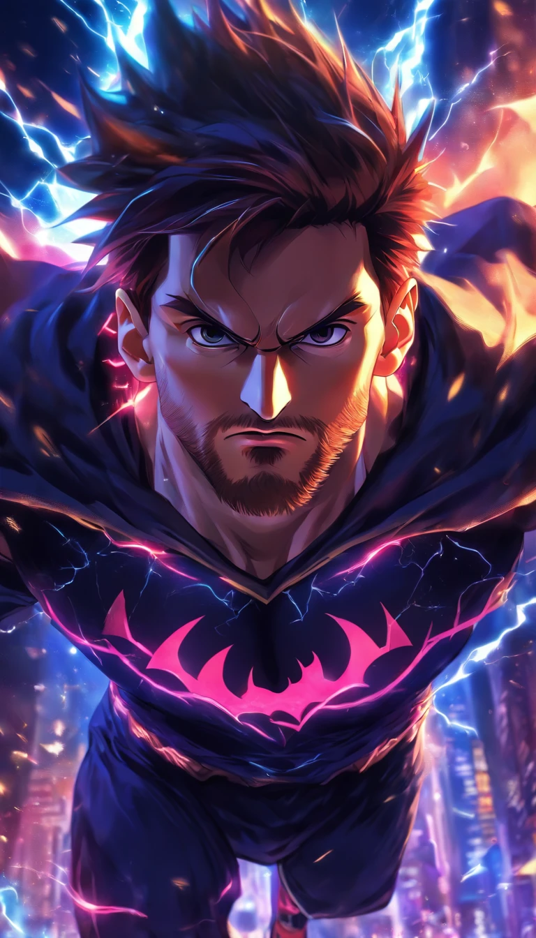 Lionel Messi wearing Batman costume,realistic,ultra-detailed,highres,portrait,athletic body,determined expression,night scene,moody lighting,vivid colors,dark tones,bat signal,gloomy atmosphere,dynamic pose,city skyline,gritty texture,detailed mask,dark cape,fierce eyes,confident stance,professional sportsman,superhero inspiration,action-packed,world-class footballer,legendary player,striking resemblance,mesmerizing presence,studio lighting,sharp focus,intense energy,batwing logo,iconic symbol,striking visuals,heroic figure.