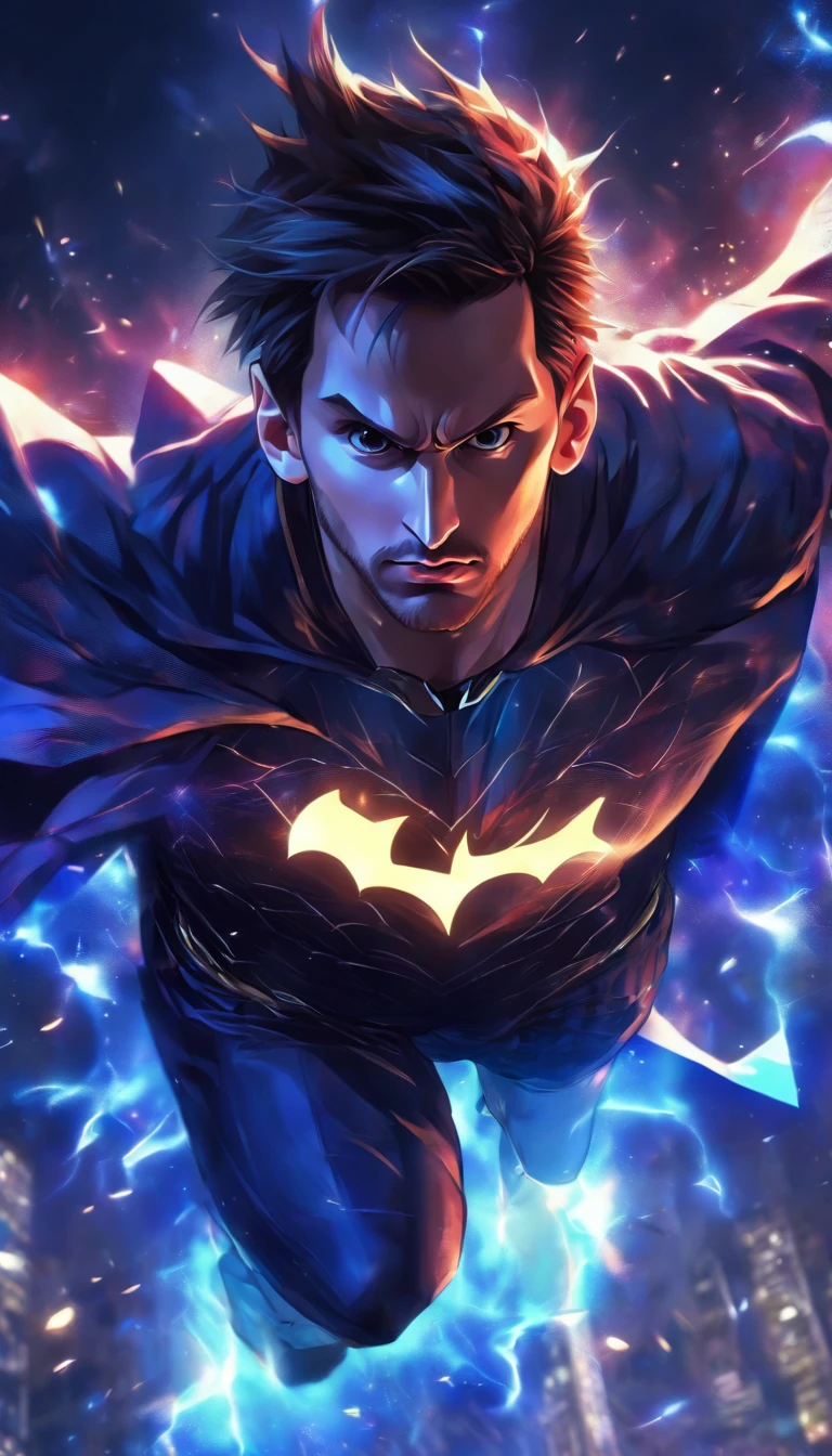 Lionel Messi wearing Batman costume,realistic,ultra-detailed,highres,portrait,athletic body,determined expression,night scene,moody lighting,vivid colors,dark tones,bat signal,gloomy atmosphere,dynamic pose,city skyline,gritty texture,detailed mask,dark cape,fierce eyes,confident stance,professional sportsman,superhero inspiration,action-packed,world-class footballer,legendary player,striking resemblance,mesmerizing presence,studio lighting,sharp focus,intense energy,batwing logo,iconic symbol,striking visuals,heroic figure.