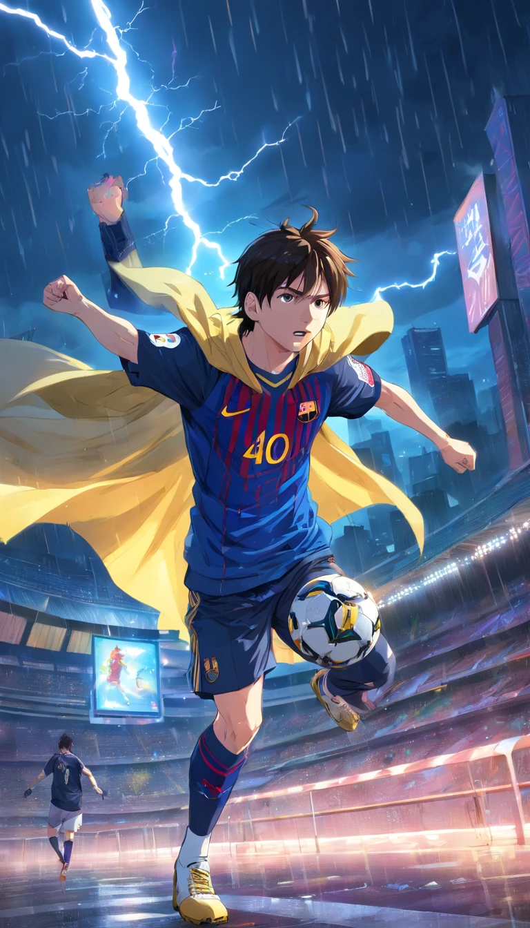 Lionel Messi wearing Batman's suit,best quality,highres,ultra-detailed,physically-based rendering,dark,aggressive,fast,energetic,heroic,vivid colors,stadium,football,goal,night match,superpowers,fearless,fierce,striker,acrobatic moves,high jumps,twisting turns,explosive speed,mask,cape,gloomy atmosphere,action-packed,intense,gritty,night cityscape,rainy weather,bat signal,thunder and lightning,neon lights,powerful kicks,sharp focus,celebration,huge billboard with Messi's face,awe-inspiring,majestic,masterpiece:1.2.