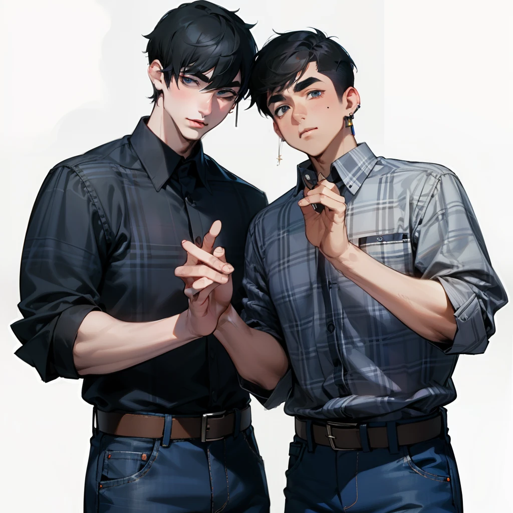 Two men, Black hair, Shirts, Blue plaid shirt, Men with short hair, Thick eyebrows, Big lips, White and light grey plaid shirt, To a man in a blue plaid shirt、Moles and earrings under the mouth, simple earrings, Belt bag, jeans, Shaped fingers, Beautiful fingers, straight arms、simple background