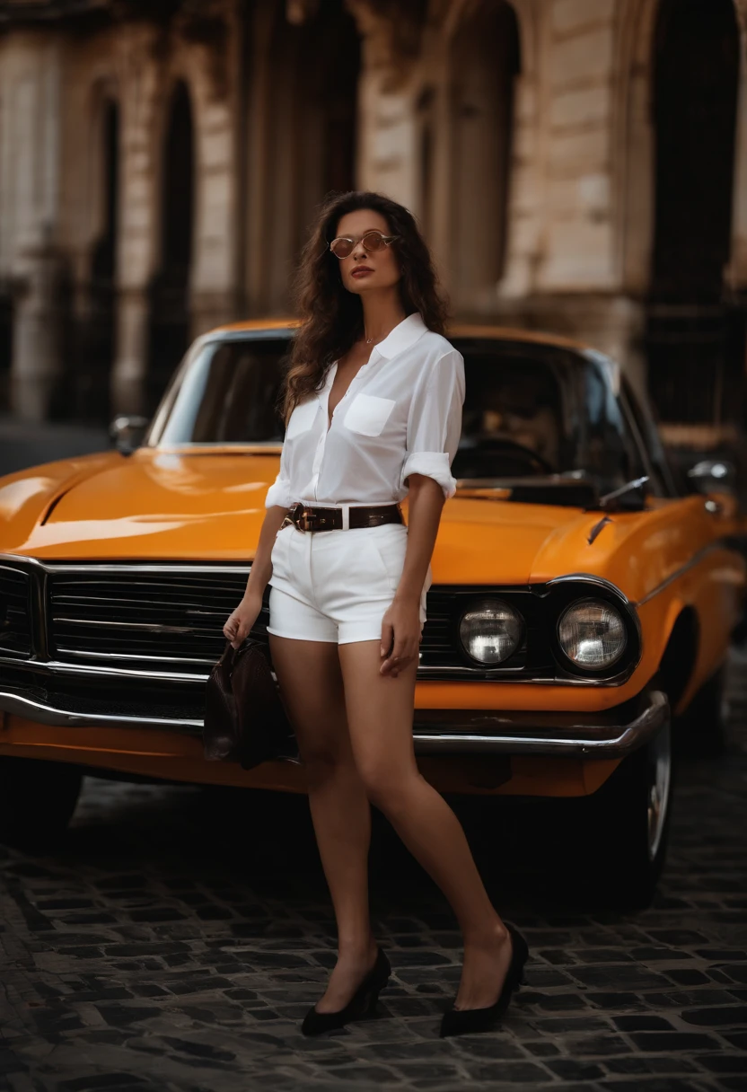 corpo inteiro, ,Photograph photo Wide angle closeup portrait of the body of a pale Spanish girl (Cabelo castanho estilo anos 90), (posing outside the mansion with luxury car:1.1), Crowded street with cafes in the distance, cold and dark sunset at dusk, fulgurar, brilho vermelho laranja, (luz da borda:1.1), (wearing stylish white shorts and button-down blouse:1.1) ligadura, (pequeno peito), (Hands behind your head), (foco nos olhos), angelic, rosto bonito, (olhar irritado), (luz dura na pele:1.2), (Sombras duras, Tema escuro, unilluminated light, fraca, Contraste profundo:1.1), (fotografia de retrato de Annie Liebovitz), Dark theme mint and choral aesthetics, (skin imperfections, sardas:0.4)