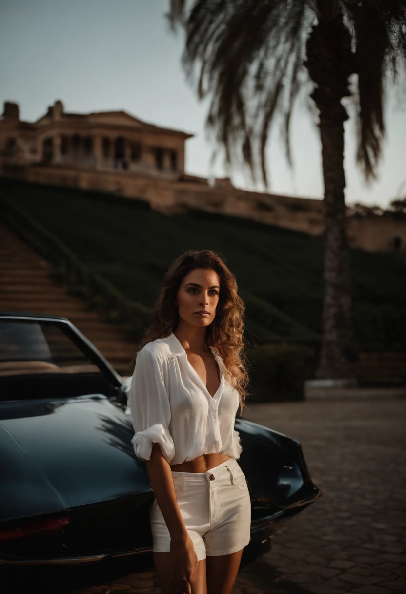 corpo inteiro, ,Photograph photo Wide angle closeup portrait of the body of a pale Spanish girl (Cabelo castanho estilo anos 90), (posing outside the mansion with luxury car:1.1), Crowded street with cafes in the distance, cold and dark sunset at dusk, fulgurar, brilho vermelho laranja, (luz da borda:1.1), (wearing stylish white shorts and button-down blouse:1.1) ligadura, (pequeno peito), (Hands behind your head), (foco nos olhos), angelic, rosto bonito, (olhar irritado), (luz dura na pele:1.2), (Sombras duras, Tema escuro, unilluminated light, fraca, Contraste profundo:1.1), (fotografia de retrato de Annie Liebovitz), Dark theme mint and choral aesthetics, (skin imperfections, sardas:0.4)