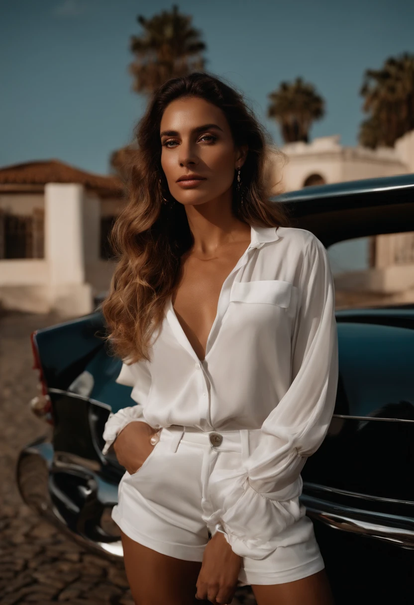 corpo inteiro, ,Photograph photo Wide angle closeup portrait of the body of a pale Spanish girl (Cabelo castanho estilo anos 90), (posing outside the mansion with luxury car:1.1), Crowded street with cafes in the distance, cold and dark sunset at dusk, fulgurar, brilho vermelho laranja, (luz da borda:1.1), (wearing stylish white shorts and button-down blouse:1.1) ligadura, (pequeno peito), (Hands behind your head), (foco nos olhos), angelic, rosto bonito, (olhar irritado), (luz dura na pele:1.2), (Sombras duras, Tema escuro, unilluminated light, fraca, Contraste profundo:1.1), (fotografia de retrato de Annie Liebovitz), Dark theme mint and choral aesthetics, (skin imperfections, sardas:0.4)