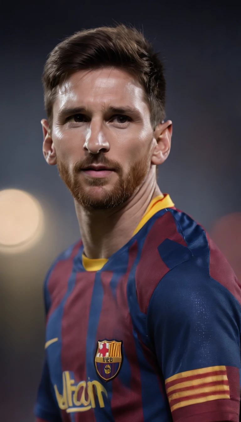 (best quality,highres:1.2),Lionel Messi wearing Batman's jersey,detailed face and expression,strong muscular build,athletic pose,professional football player,iconic Batman logo on the jersey,striking and vibrant colors,nighttime background,powerful lighting,photorealistic portrait,mesmerizing eyes,sharp focus