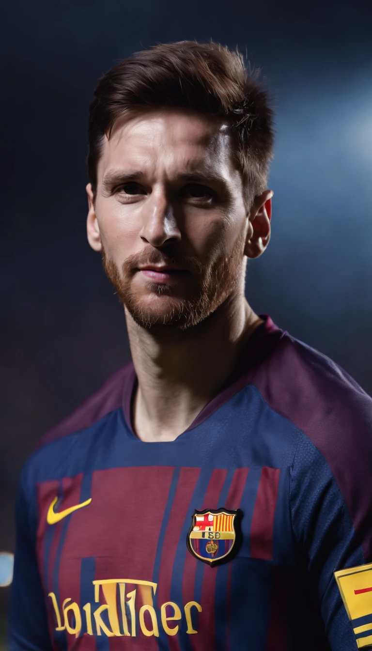 (best quality,highres:1.2),Lionel Messi wearing Batman's jersey,detailed face and expression,strong muscular build,athletic pose,professional football player,iconic Batman logo on the jersey,striking and vibrant colors,nighttime background,powerful lighting,photorealistic portrait,mesmerizing eyes,sharp focus