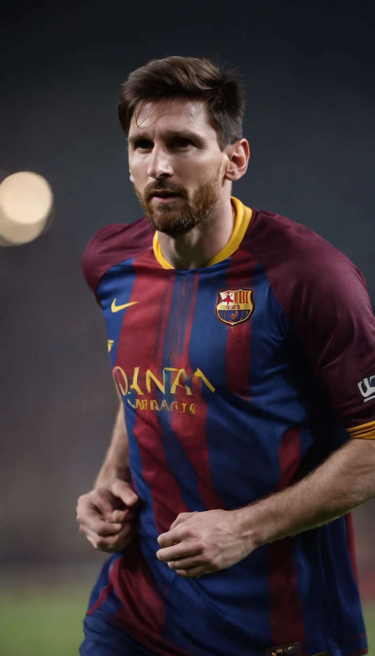 (best quality,highres:1.2),Lionel Messi wearing Batman's jersey,detailed face and expression,strong muscular build,athletic pose,professional football player,iconic Batman logo on the jersey,striking and vibrant colors,nighttime background,powerful lighting,photorealistic portrait,mesmerizing eyes,sharp focus