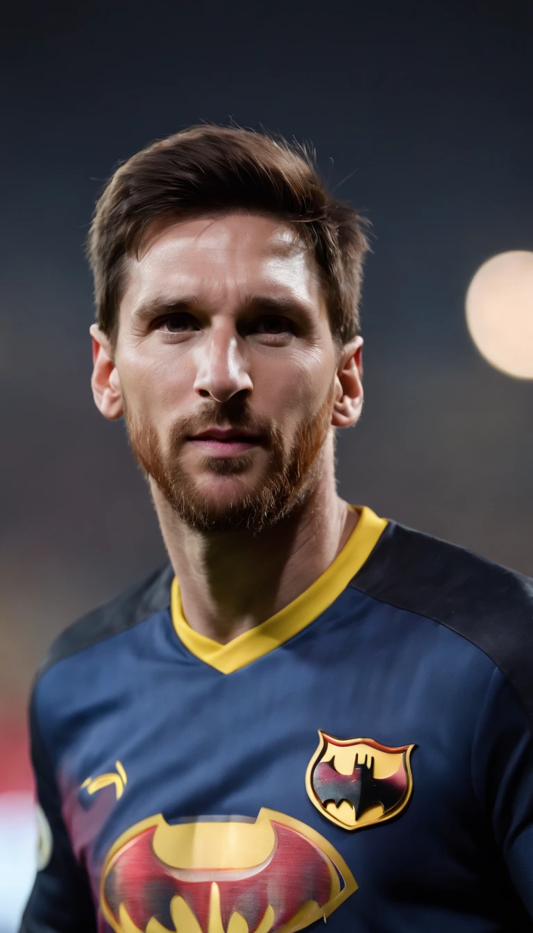 (best quality,highres:1.2),Lionel Messi wearing Batman's jersey,detailed face and expression,strong muscular build,athletic pose,professional football player,iconic Batman logo on the jersey,striking and vibrant colors,nighttime background,powerful lighting,photorealistic portrait,mesmerizing eyes,sharp focus