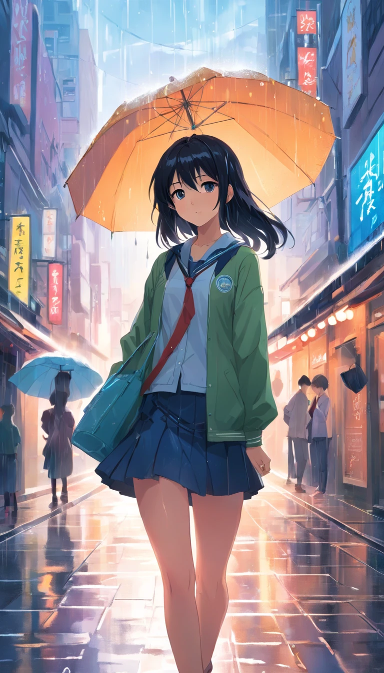 Anime girl with long black hair, beautiful anime artwork, style of anime4 K, anime art wallpaper 4k,rainy day，windows，In the street，rain drops、cute little、Good Style、Japanese student uniform、skirt by the