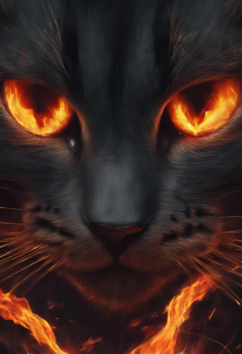 a close up of a cat with fire on its face, demon cat, warrior cats fan art, awesome cat, fire eyes, warrior cats, bright fire eyes, cat from the void, the dark god of cats, he has eyes of fire, on fire, fires!! hyperrealistic, cat warrior, fiery eyes, a painting of a cat, angry cat