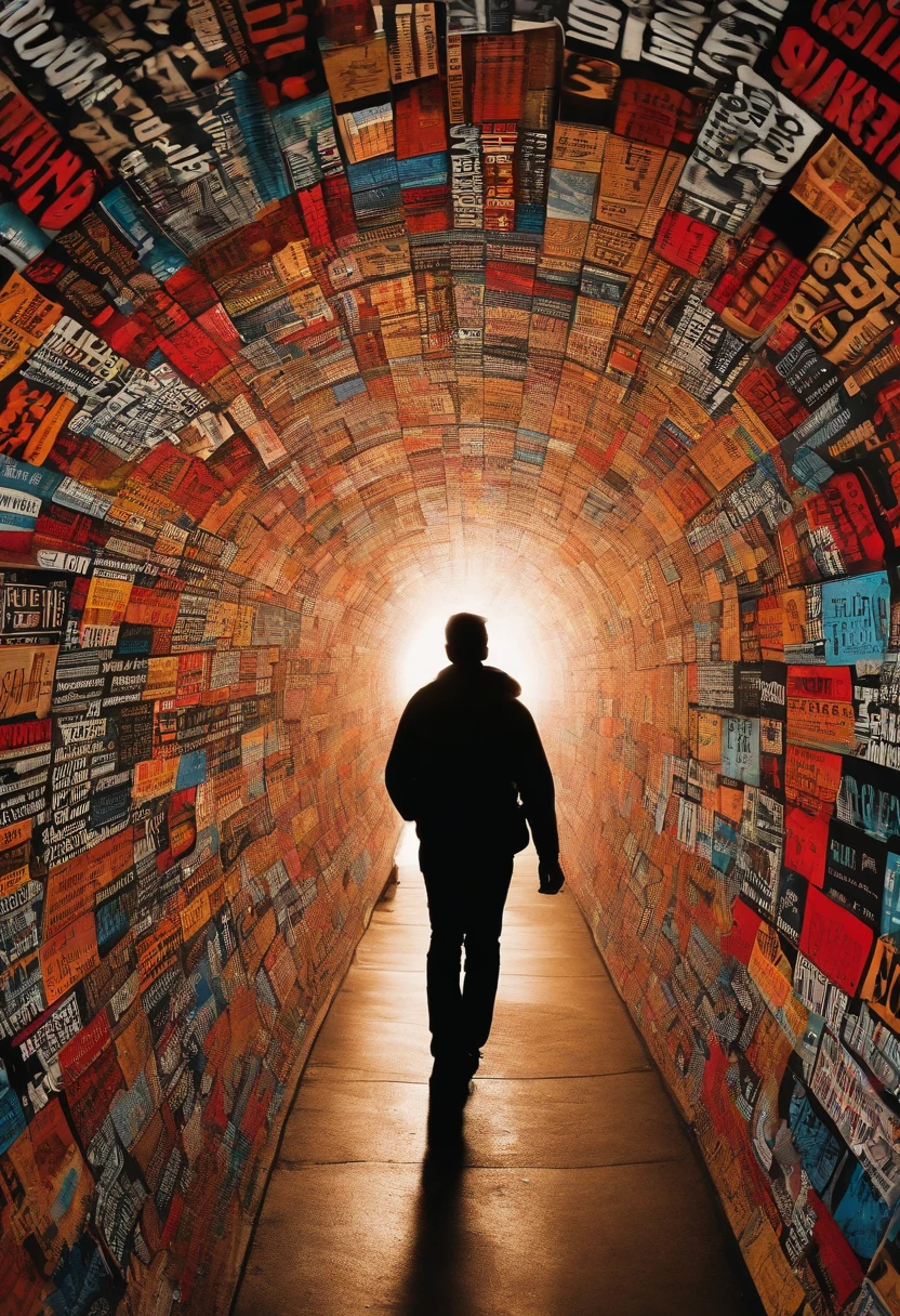 alembic simple screen-printed ultra-minimalist image of a person walking down a tunnel of advertisement signs with lots of words on them