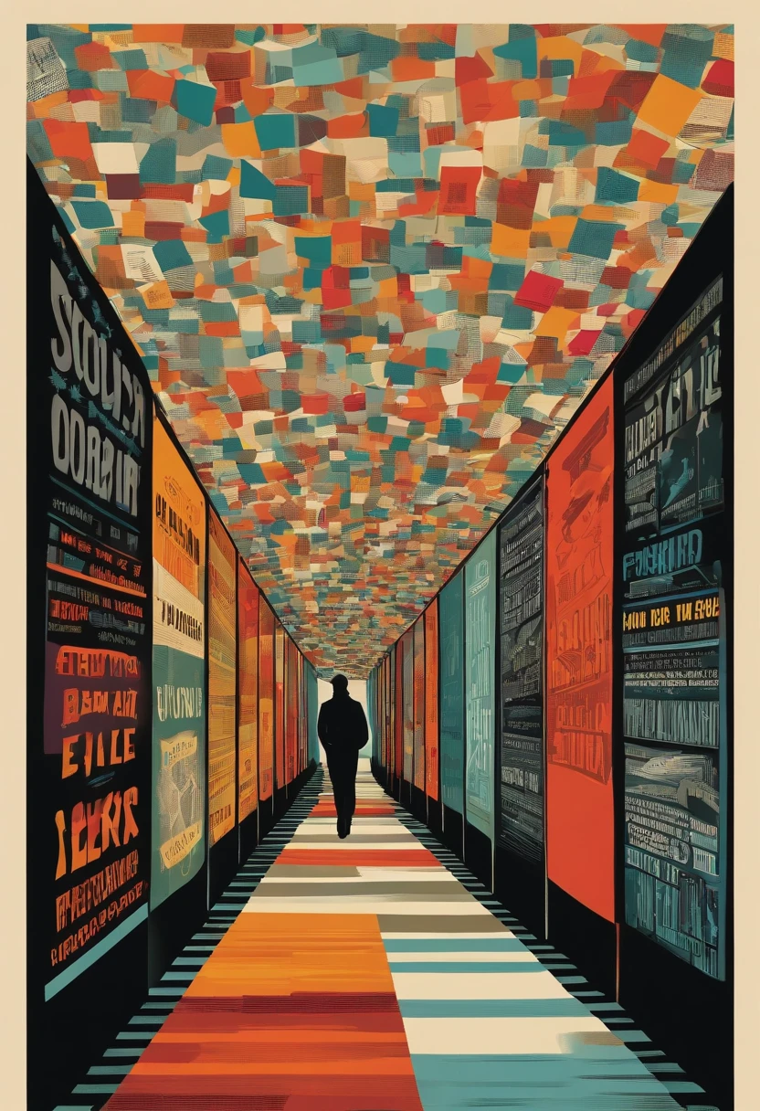 alembic simple screen-printed ultra-minimalist image of a person walking down a tunnel of advertisement signs with lots of words on them