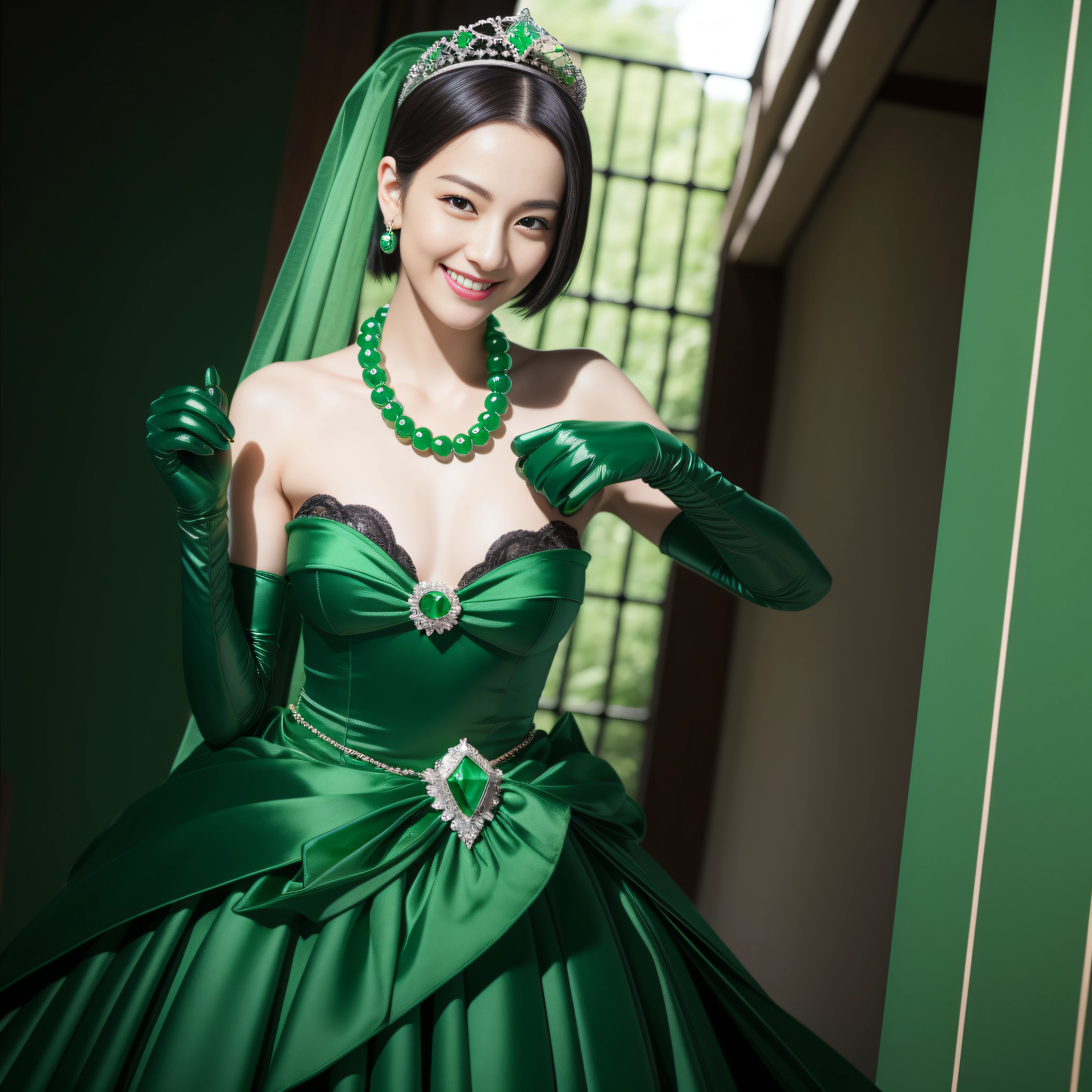 "(Best Quality,Realistic),Japan woman with beautiful smile,emerald tiara,Green Pearl Necklace,Boyish extremely short black hair,lip stick,Green eyes,Long Green Satin Gloves,short short hair, Green eyes