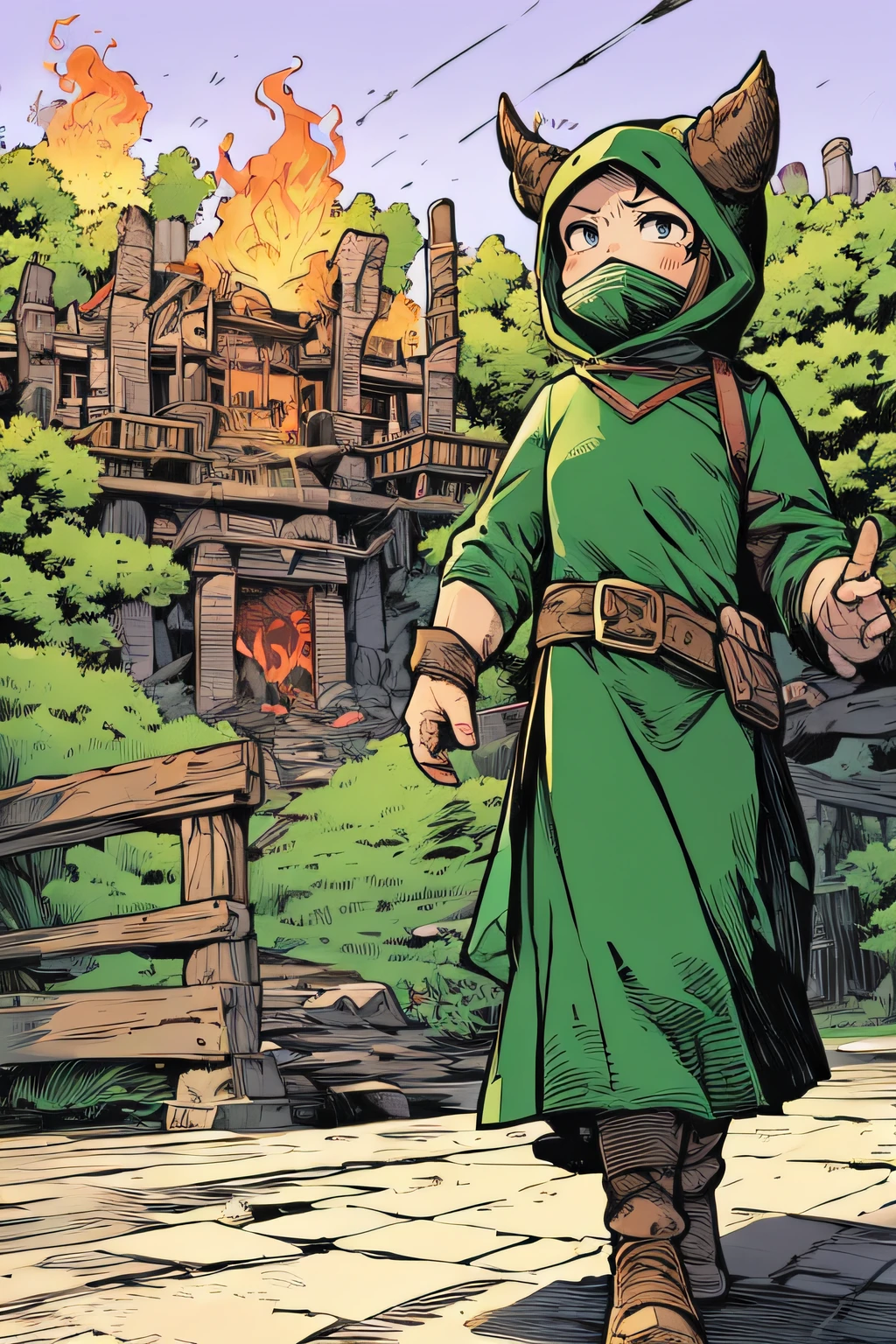 Bandit Girl、Green costume、Big castle in the background、Green Flame