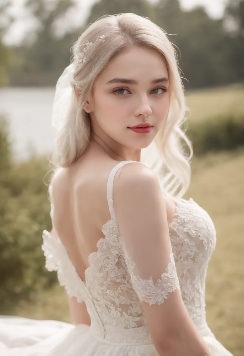 (best quality,4k,8k,highres,masterpiece:1.2), ultra-detailed, (realistic,photorealistic,photo-realistic:1.37), fair-skinned, 19-year-old woman, naturally white hair, unique green eyes, wearing Cole, slender and graceful figure, beautiful feet, Chinese woman, crystal-clear focus, lifelike lens, white lace wedding dress, Quad-tone (Skah:1.4)