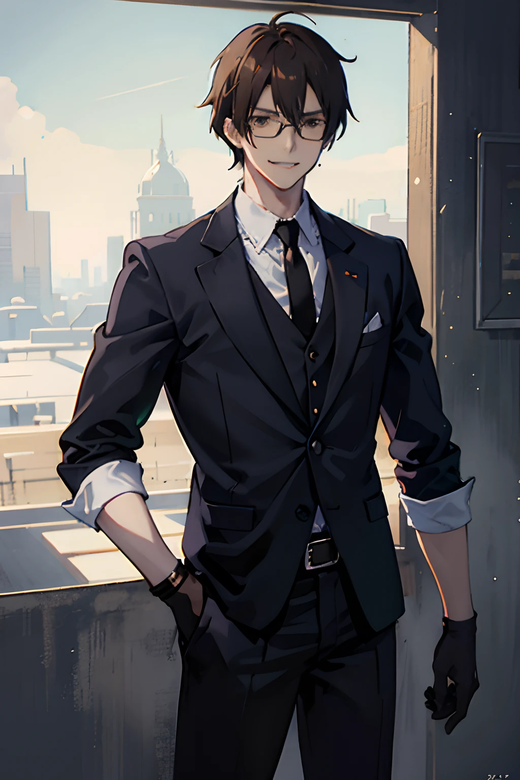 1guy, anime, 24 year old, masculine, messy light brown hair, attractive, black rectangular glasses, black detective suit, black tie, white shirt, black belt, black pants, brown long big eyes, mole under eye, smirk, mischievous, gloves, trending on artstation, 8k resolution, highly detailed, anatomically correct, sharp image, digital painting, concept art, trending on pixiv, style of makoto shinkai