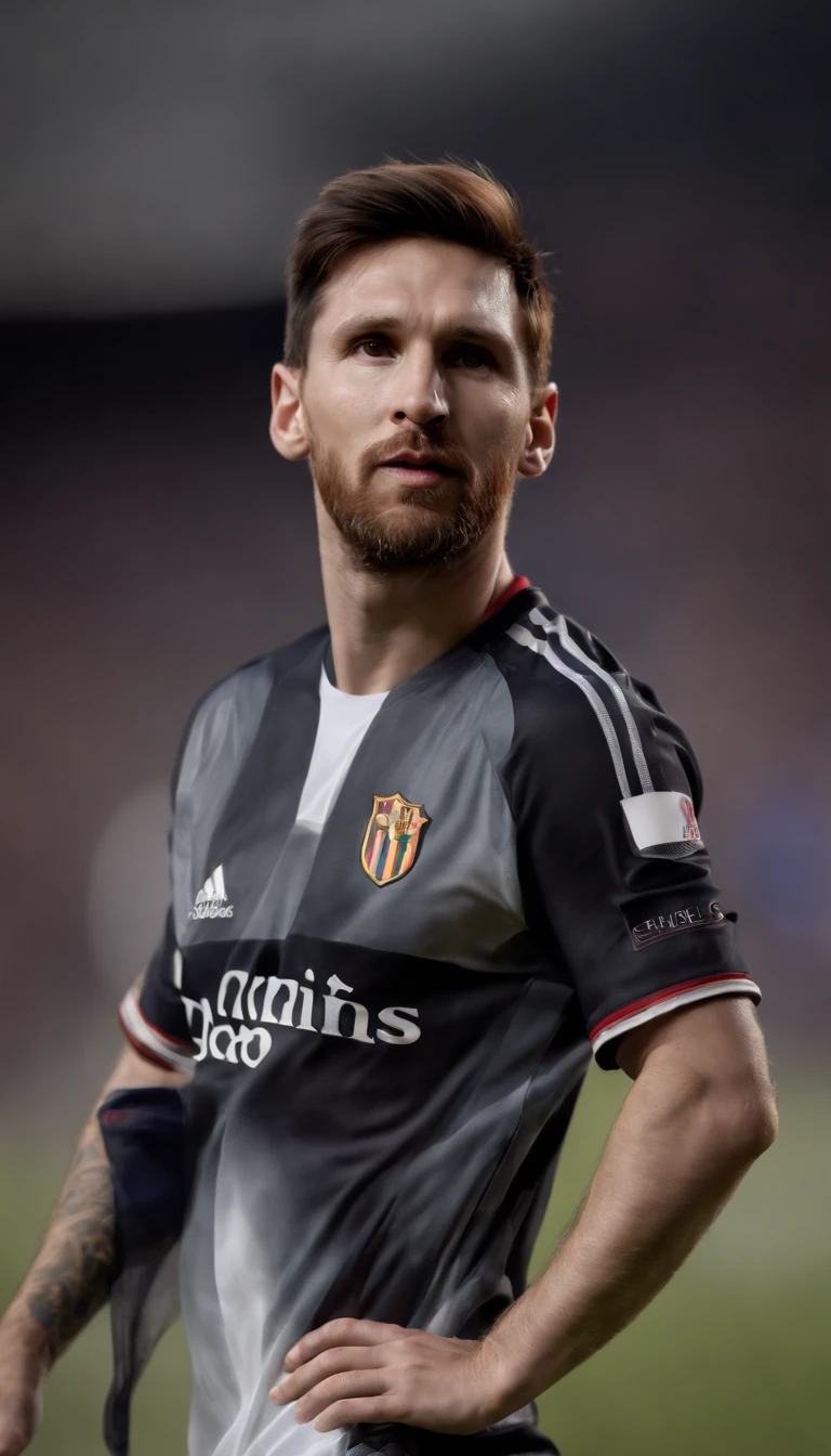 (high quality,Highres:1.2),(photorealistic,realistic:1.37),Lionel Messi wearing Vasco da Gama Soccer Team shirt,beautiful detailed face,expressive eyes and lips,professional portrait,sharp focus,ultra-detailed jersey,studio lighting,vivid colors,lush green grass,cheering crowd in the background,heroic pose,artistic rendering,fast-paced action,iconic moment,bokeh lights