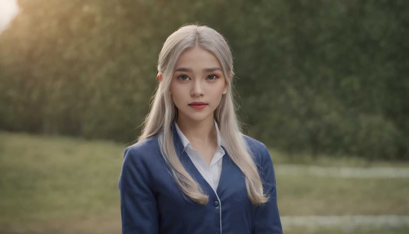 (Best quality,4K,8K,A high resolution,Masterpiece:1.5),Ultra-detailed,Realistic,Photorealistic:1.37,Portrait,Girls' uniform,schoolgirl,Blue button-down shirt,beautiful detailed skin,Long silver hair gradually transitions to blue highlights,fightingpose,Shorts,Knee-high socks,Motion capture