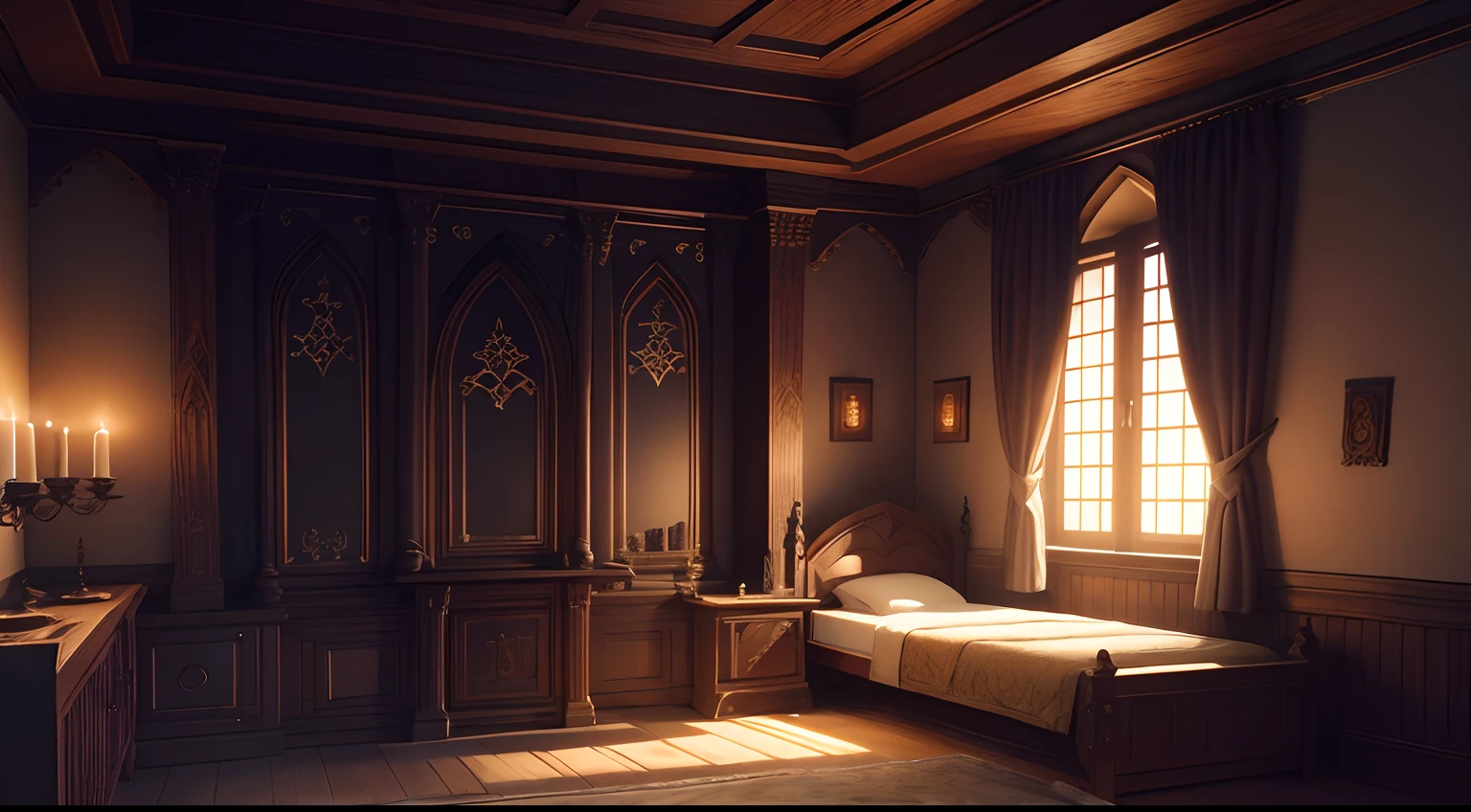 there is a medieval room with a bed, a table, and a window, fantasy style, interior background art, calm night, personal room background, bedroom background, dim bedroom, room full of candles, serene evening atmosphere, walls made of blocks of stone