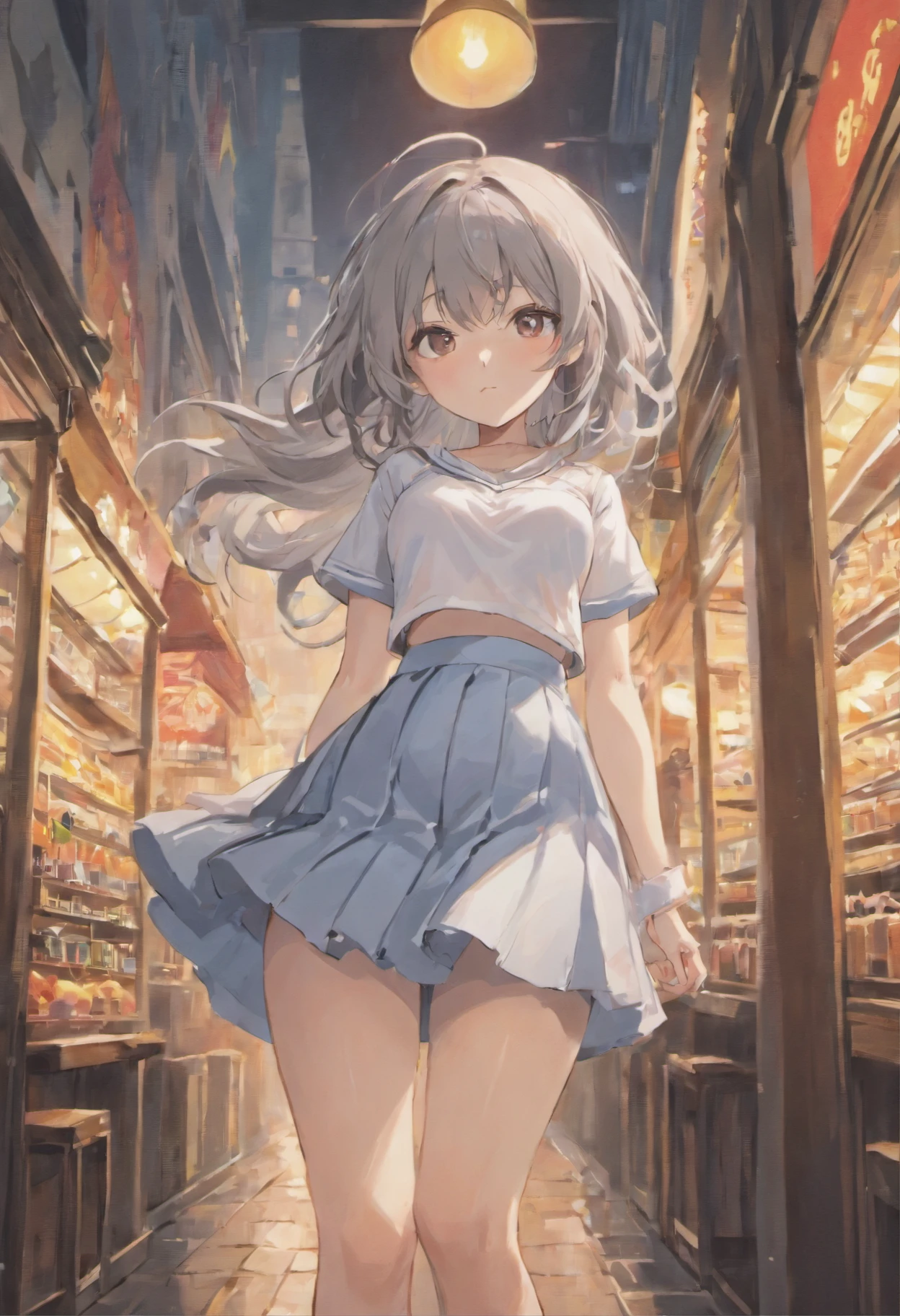 Masterpiece, High quality, Best quality, Beautiful, HD, Perfect lighting, Detailed face, Detailed body, 1 girl, Solo, (Long gray hair), Brown eyes, Medium breasts, ((White underwear)), ((grey short skirt)), (Gray hat), In front of the café,