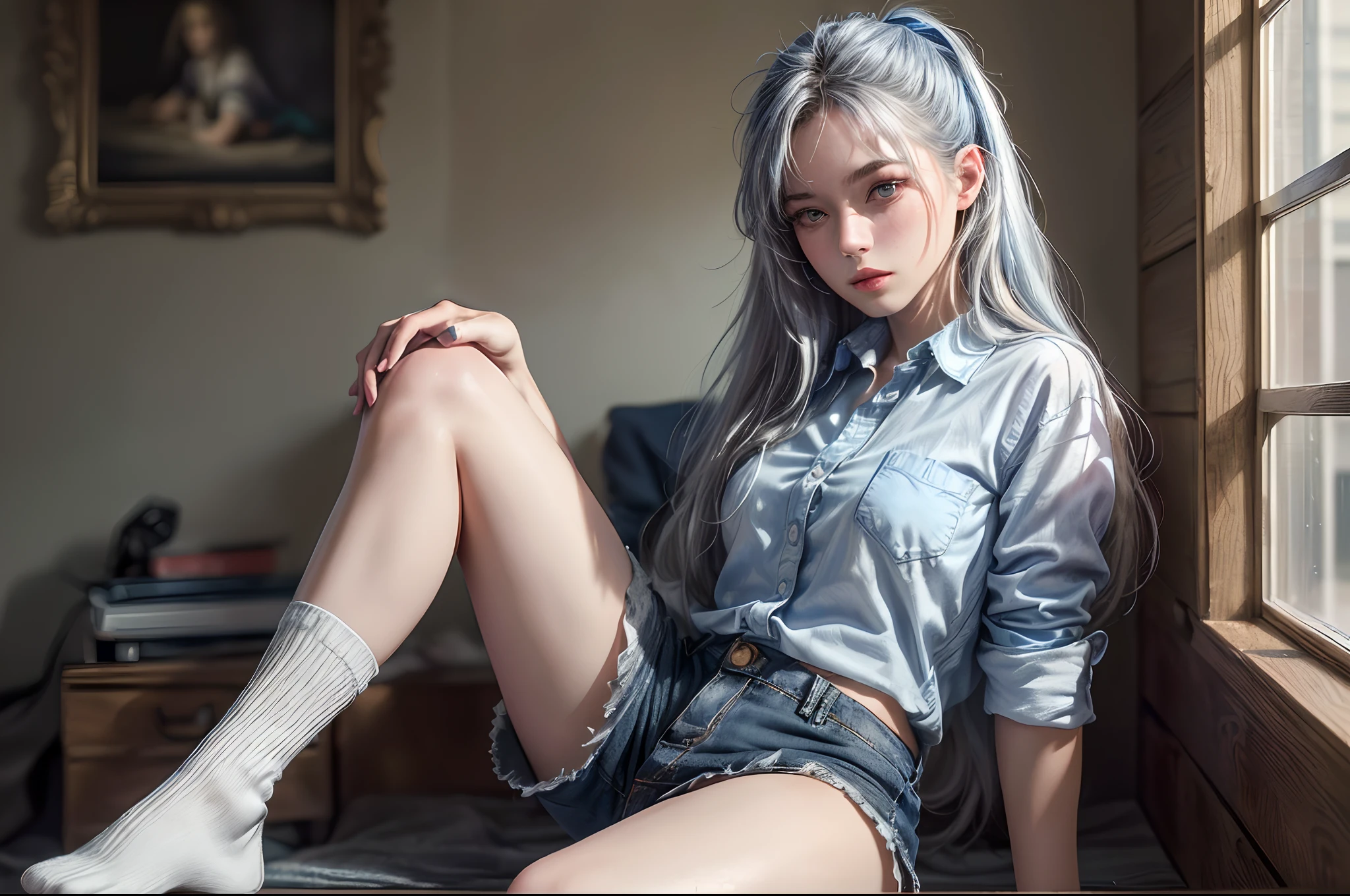 (Best quality,4K,8K,A high resolution,Masterpiece:1.5),Ultra-detailed,Realistic,Photorealistic:1.37,Portrait,Girls' uniform,girl,Blue button-down shirt,beautiful detailed skin,Long silver hair gradually transitions to blue highlights,fightingpose,Shorts,Knee-high socks,Motion capture