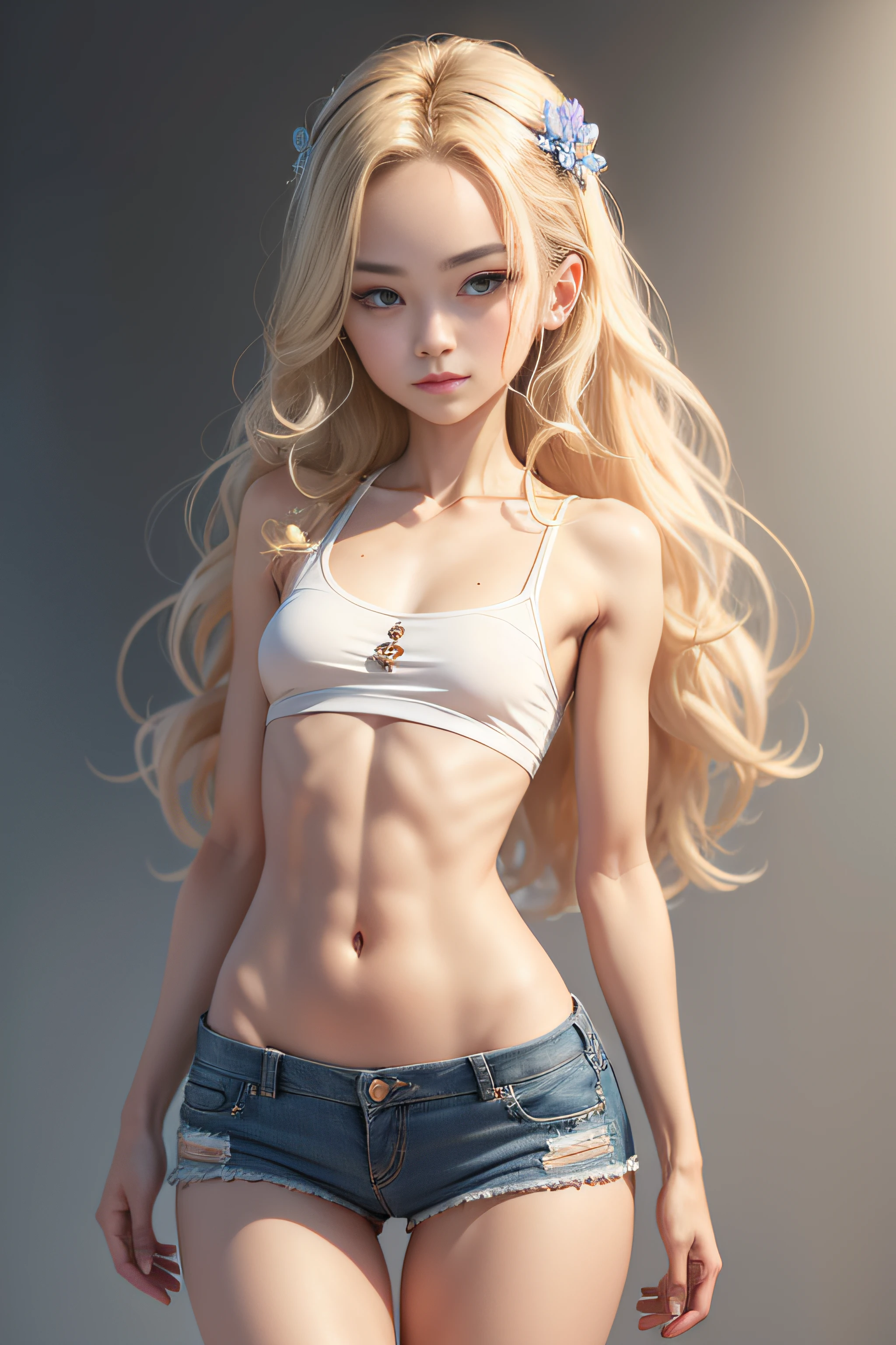 1 very slim girl, walking, blonde, wavy hair, tiny, mini shorts, short t-shirt, happy, full body, very detailed body, very detailed face, very small chest, small ass, thin waist, seductive smile, impressive pose, shiny skin (detailed eyebrows), beautiful eyes, realistic skin, detailed face, ultra-realistic, sharp and highly detailed focus, a flower in your hair