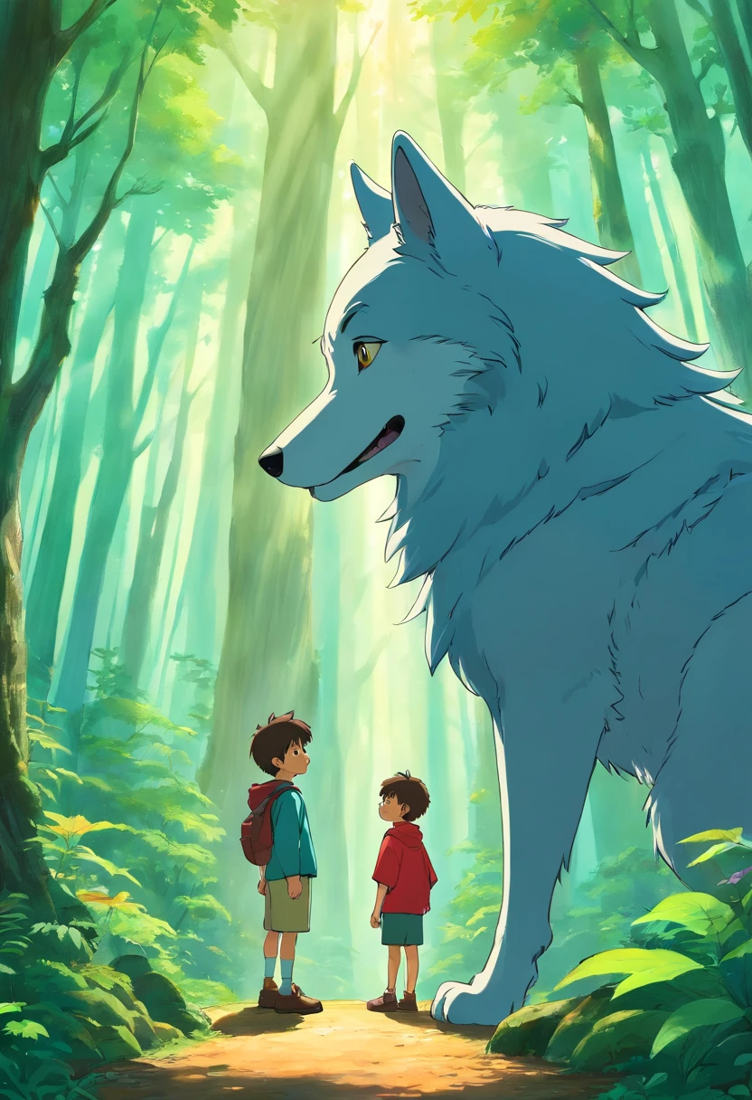 6 boy, magical forest, meets kind wolf, face to face boy and wolf