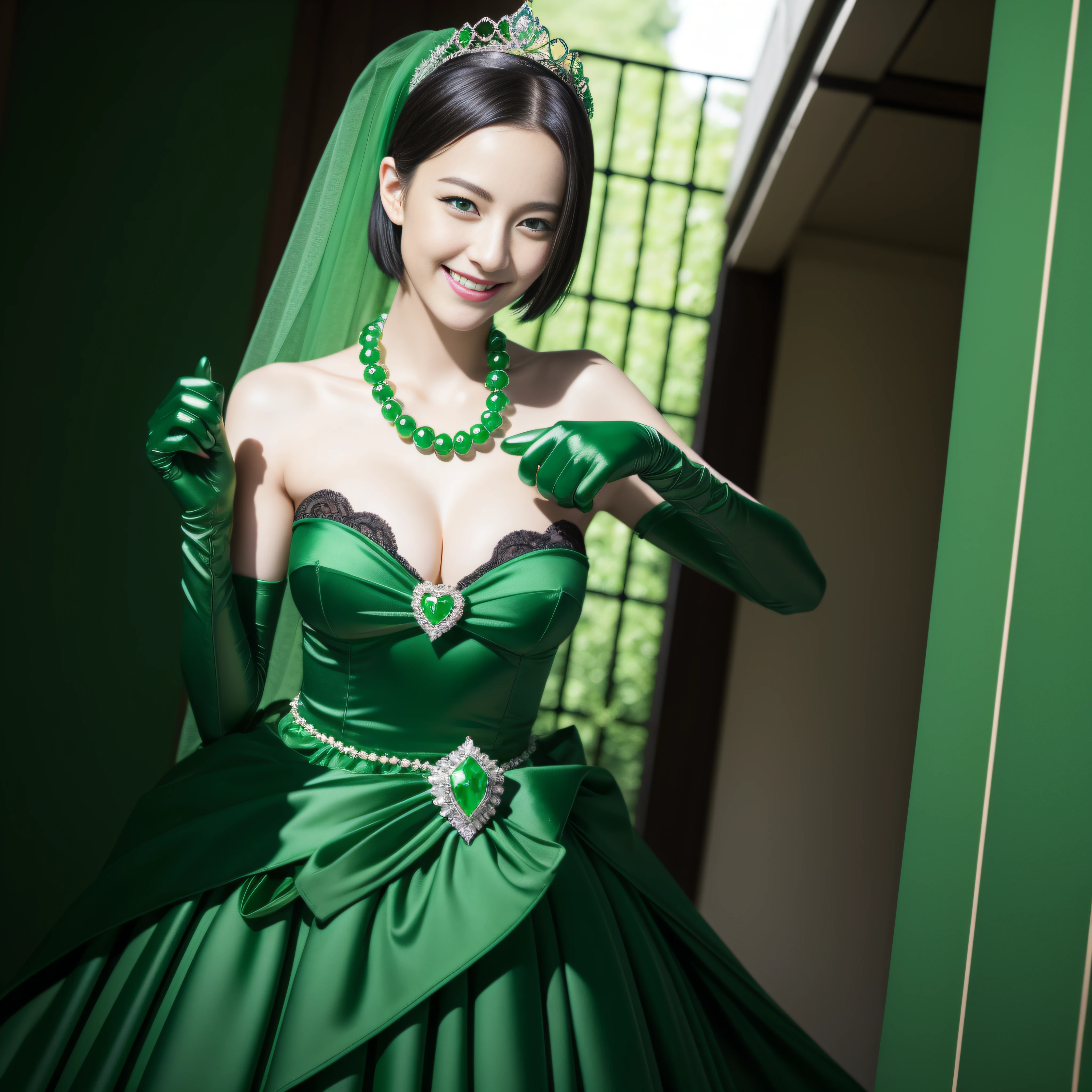 emerald tiara, Green Pearl Necklace, Boyish very short black hair, lipsticks, Japan woman smiling, very short short hair, fist, big breasts beautiful, Green eyes, Long green gloves made of satin material, Green eyes