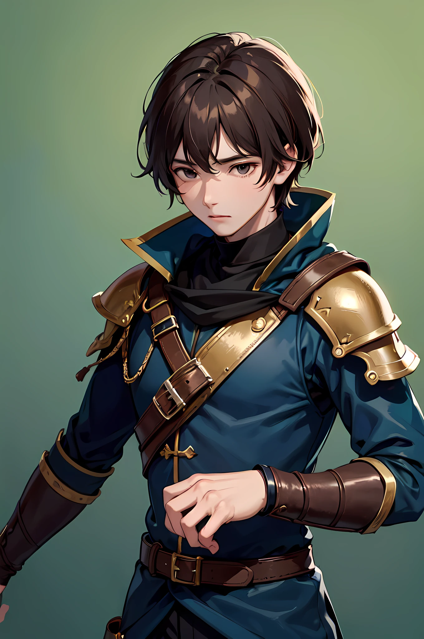 Masterpiece, Best Quality, high resolucion, 1Boy, Solo, Brown hair, Black eyes, Upper body only, plain background, Fantasy Knight Clothing, Dark blue clothes, green background, Moving the body forward
