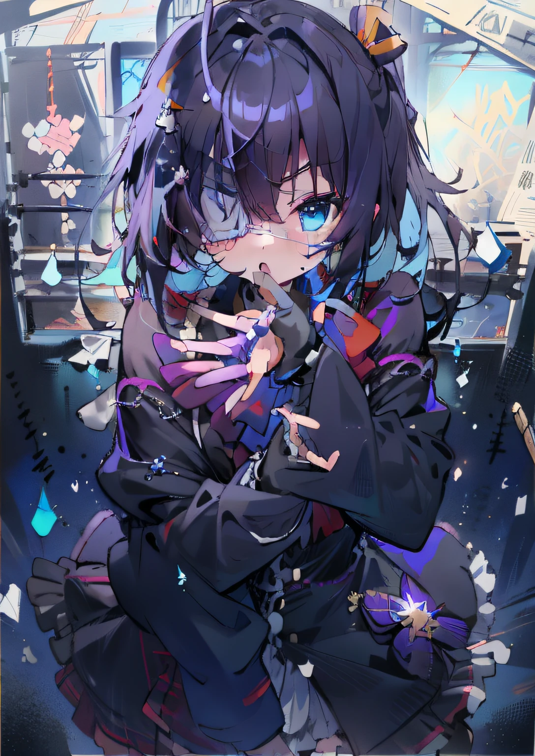 high res, masterpiece,Rikka Takanashi, black hair, solo, 1girl,outside,deatailed background, detailed eyes, ((blue eyes)), eyepatch