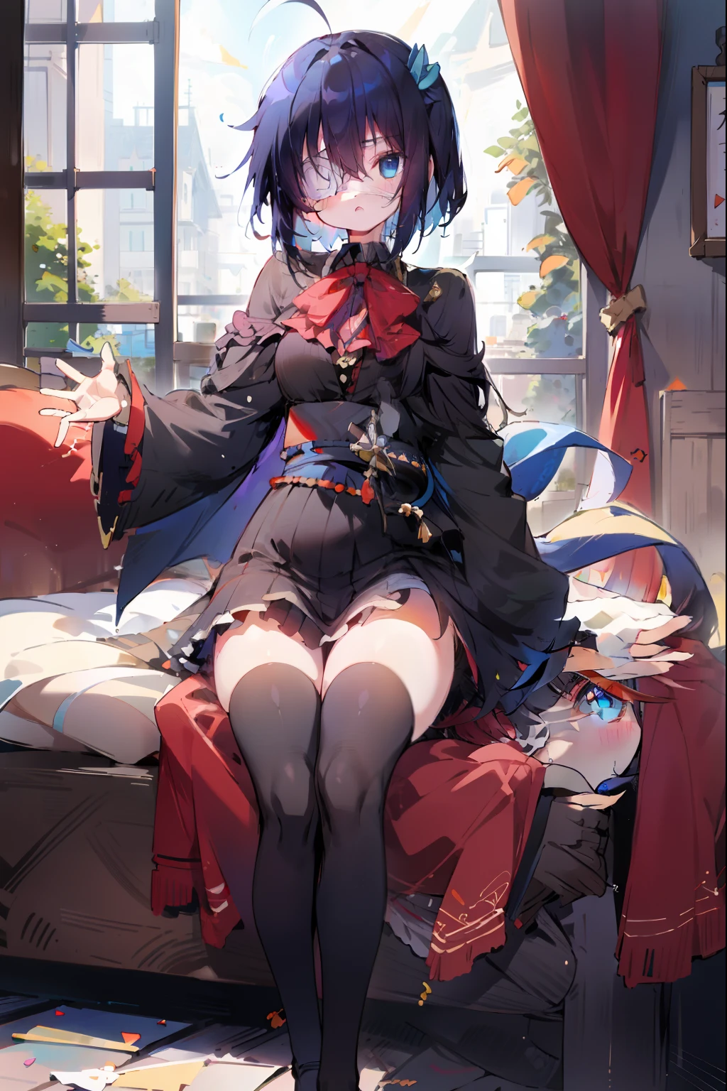 high res, masterpiece,Rikka Takanashi, black hair, solo, 1girl,outside,deatailed background, detailed eyes, ((blue eyes)), eyepatch