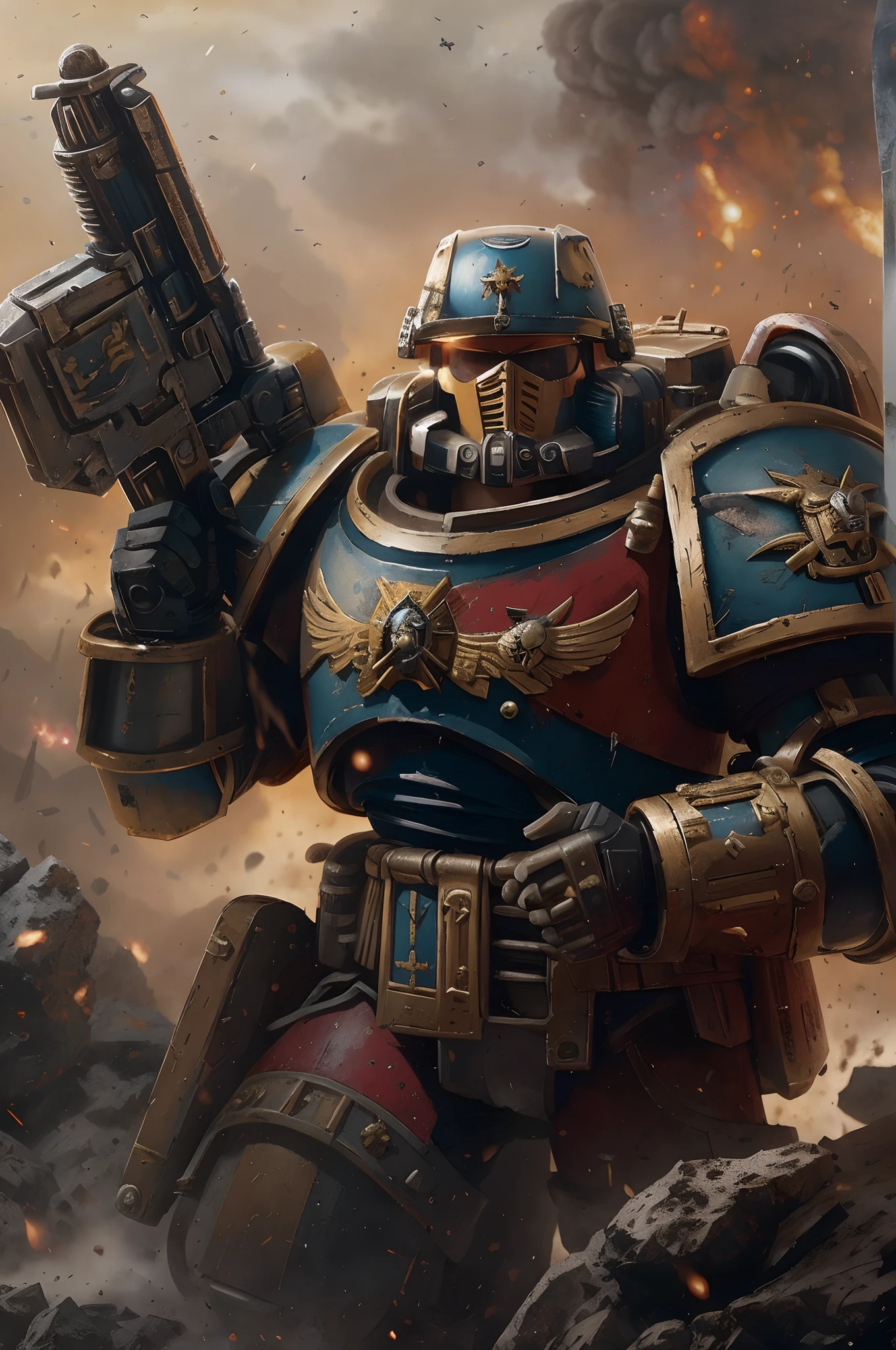 A closeup of a war hammer with a gun in hand, martelo de guerra 4k, Warhammer 4 0 K obra de arte, Marine space, Marine space portrait, Warhammer 40000 marine space, Fuzileiros Navais Espaciais, donald trump is a space marine, warhammer estilo 40k, Fuzileiros Navais Imperium Space, martelo de guerra 4 0 k, martelo de guerra 40k, Martelo de guerra40k