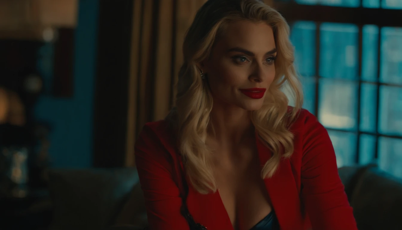 (high quality,realistic,provocative:1.2), Margot Robbie, Harley Quinn, intensely passionate sex scene with the former actress Mia Khalifa, detailed facial expressions, sultry eyes, luscious lips, seductive poses and actions, vibrant red and blue color palette, cinematic lighting, provocative composition, explicit details, professional photography aesthetic