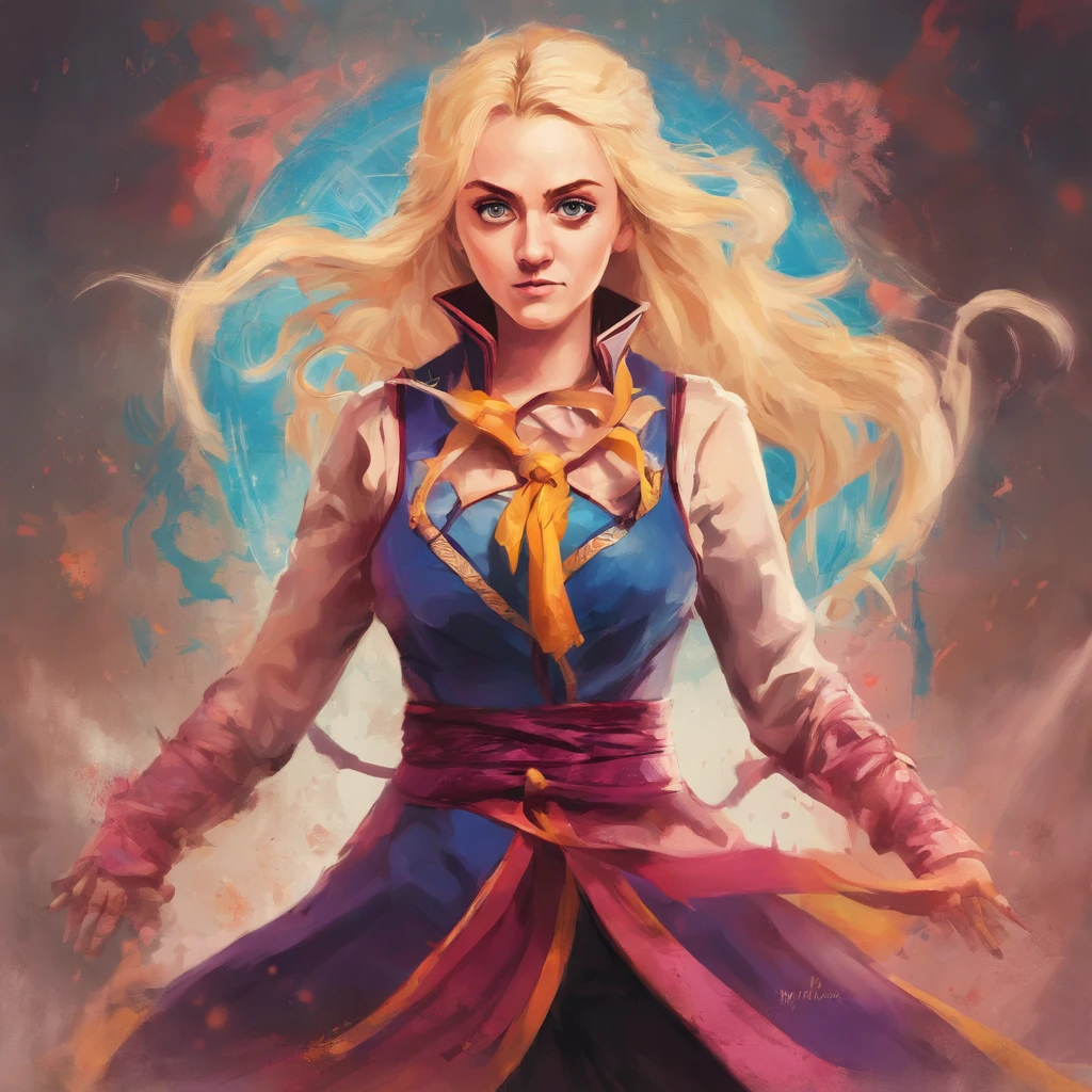 Evanna Lynch Luna Lovegood from the movie "Harry Potter" in a fantasy war costume, war pose, combat stance, mortal combat, realism