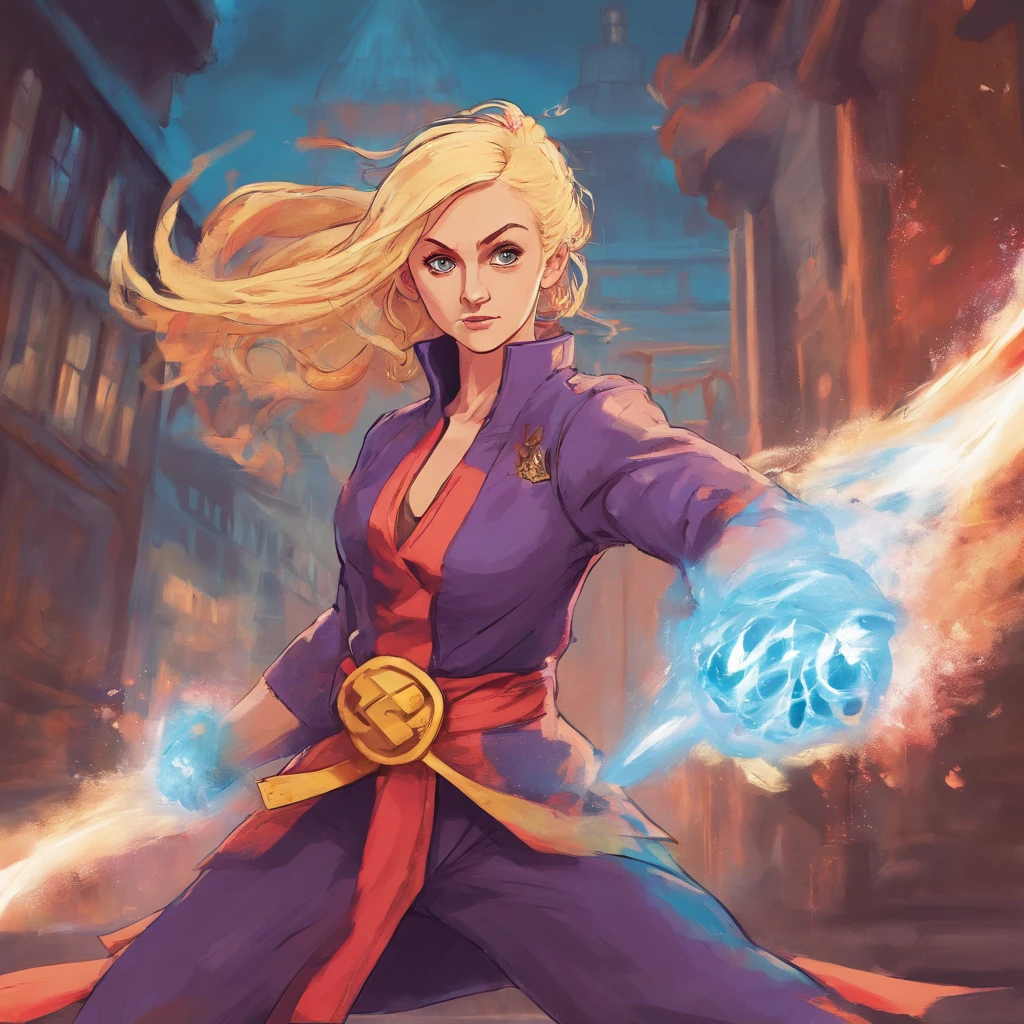 Evanna Lynch Luna Lovegood from the movie "Harry Potter" in a fantasy war costume, war pose, combat stance, mortal combat, realism