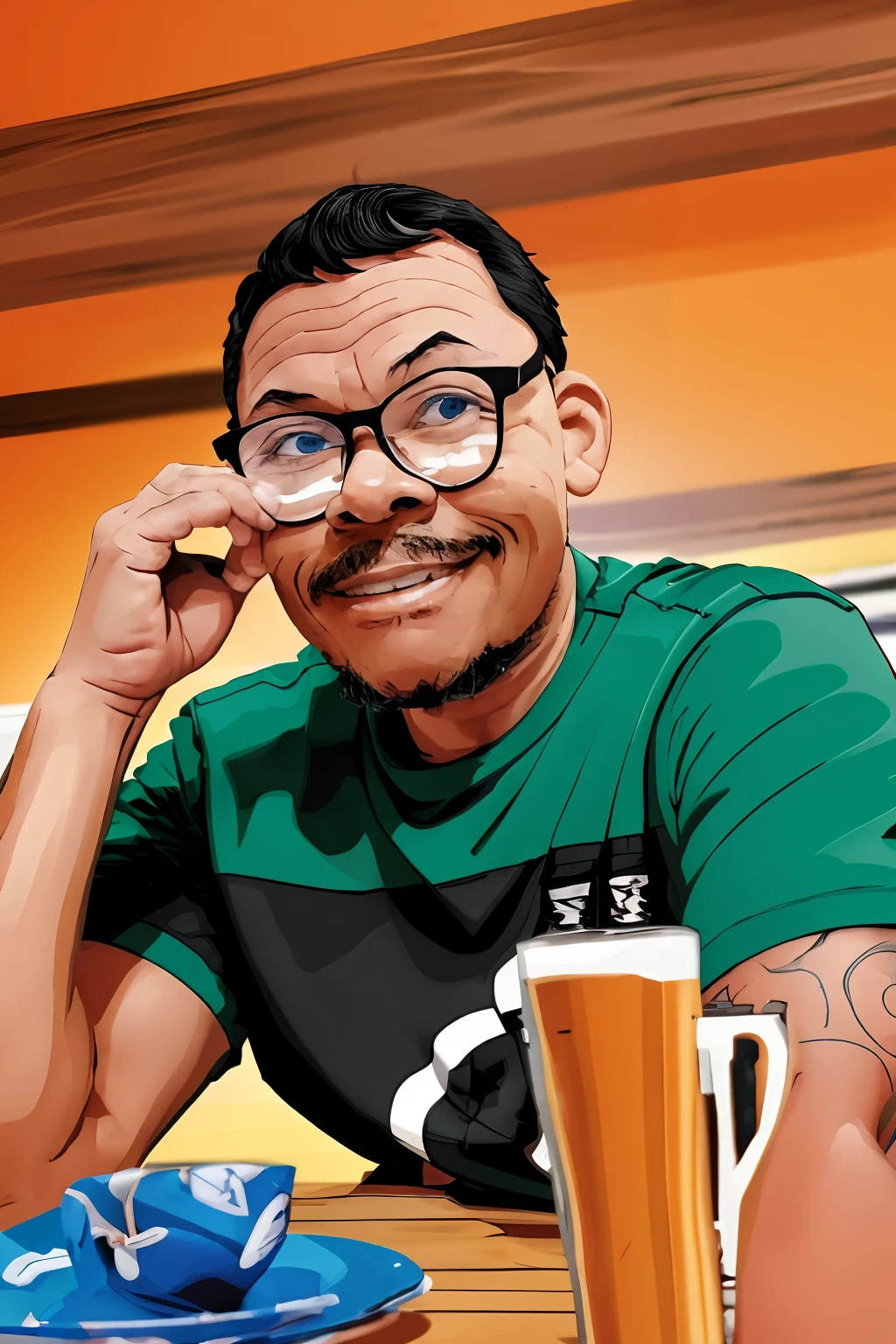 guttonerdvision10, Turn a photograph of a man from the shoulders up into a 2D cartoon-style illustration. The man should be depicted wearing glasses, sorridente, e vestido com uma camisa polo preta. Elimine o plano de fundo para criar uma limpeza, focused composition. Emphasize the cartoonish features of the subject's smile and attire, mantendo um senso de realismo.