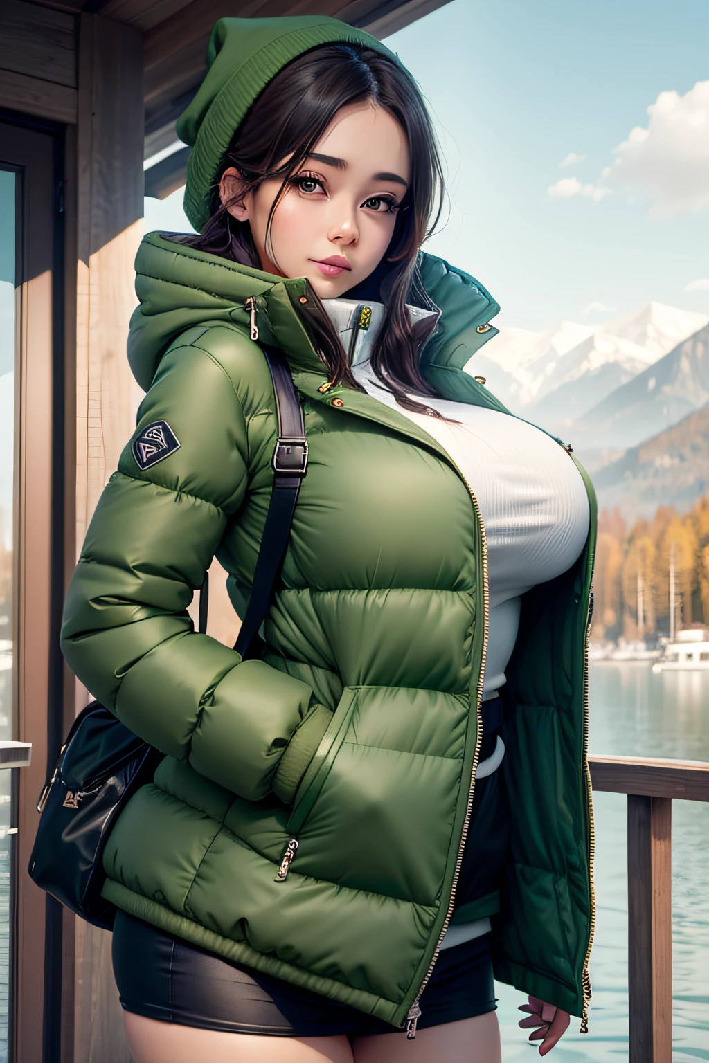 Make a woman with big breast, Green long winterjacket , with open zipper, with face, body, Lakeside house, travel bag, dog,