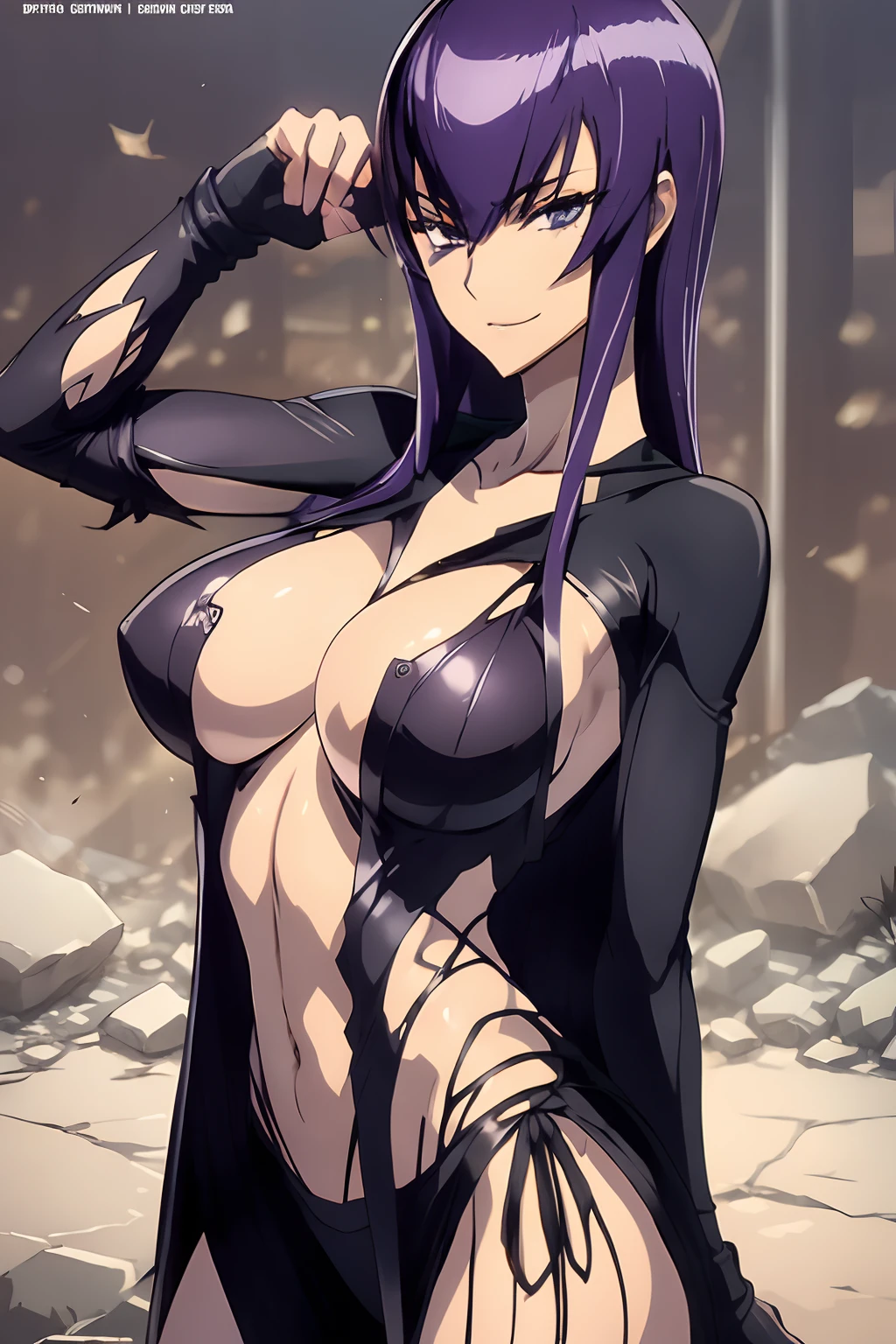 Saeko Busujima, traje de superheroina, traje de Batgirl, batgirl, Batman, cuerpo completo, capa larga, capa hasta los talones, capa negra, capa ondeando, Traje negro, cielo nocturno, media noche, mirando al espectador, edificios, botas negras,